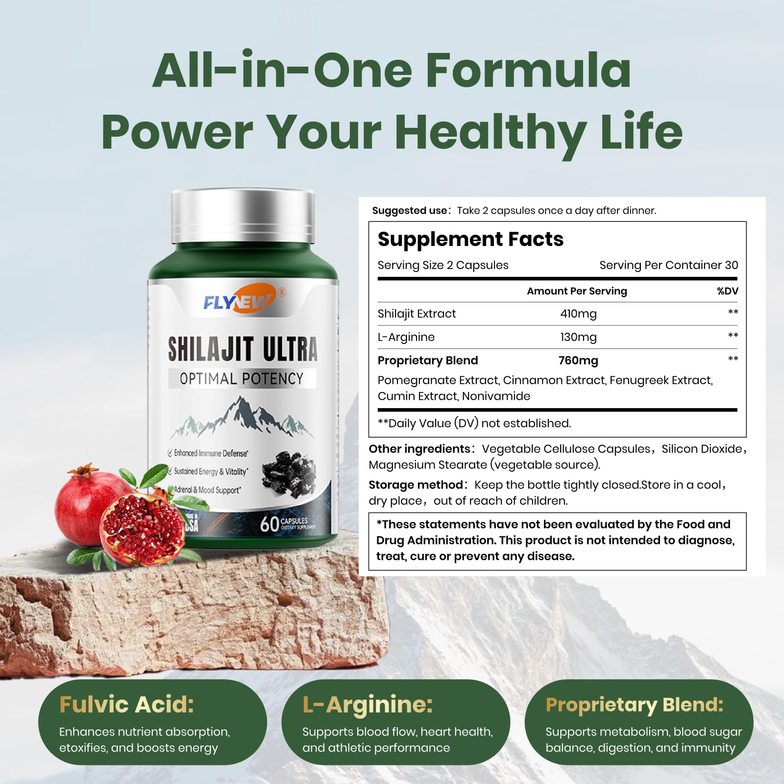 Flynew Shilajit — Premium Fulvic Acid Shilajit with L-Arginine, 60 Capsules, Made in USA