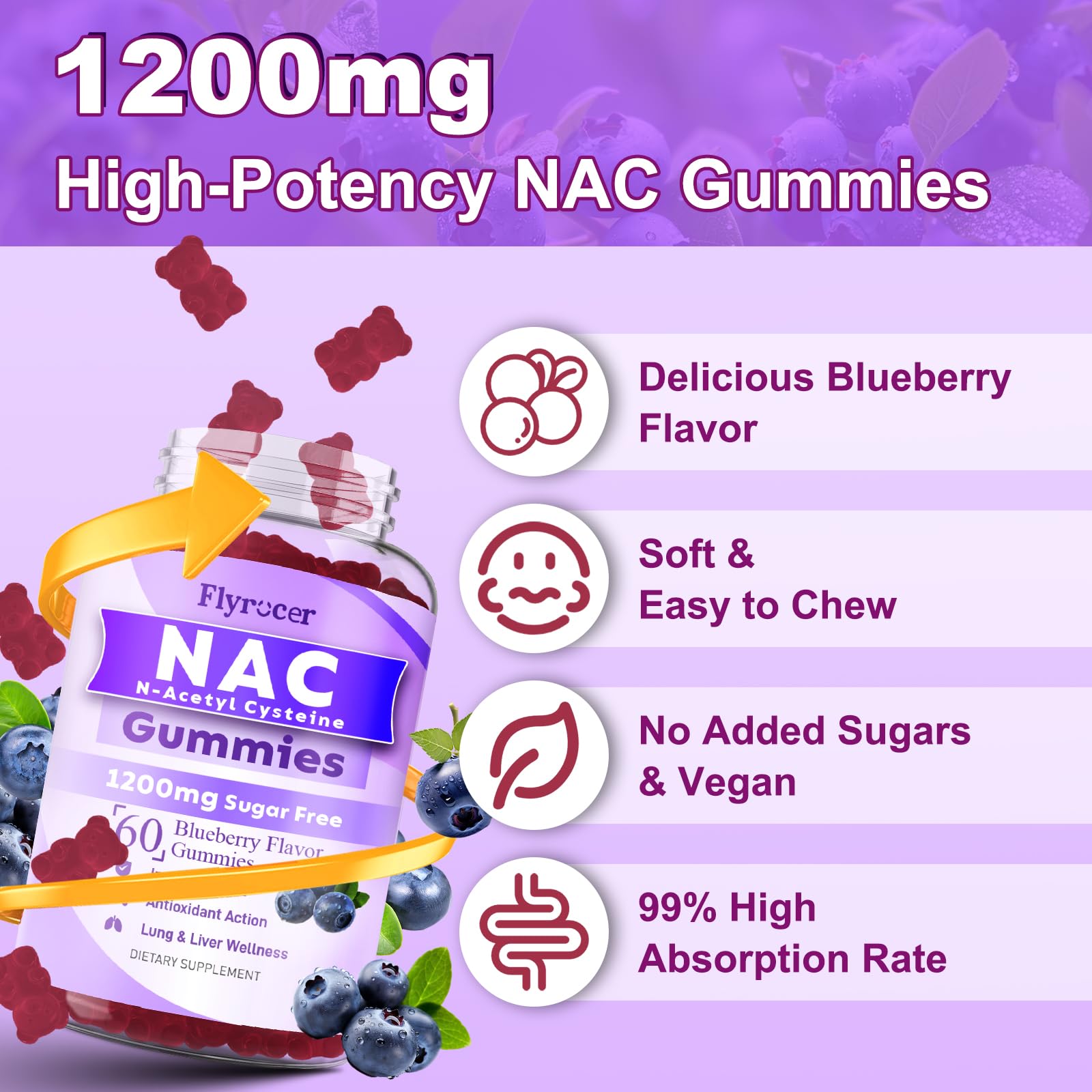 Flyrocer NAC Gummies 1200mg – Sugar-Free N-Acetyl Cysteine for Immune Support & Liver Health, Blueberry Flavor, 60 Count