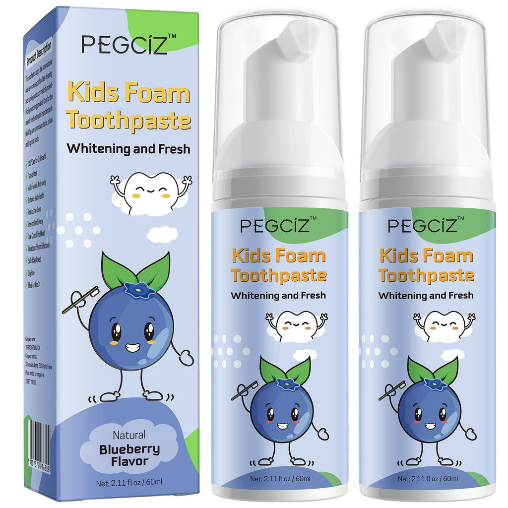 Foam Toothpaste for Kids – Blueberry, 2 Pack, Low Fluoride, U‑Shaped Brush