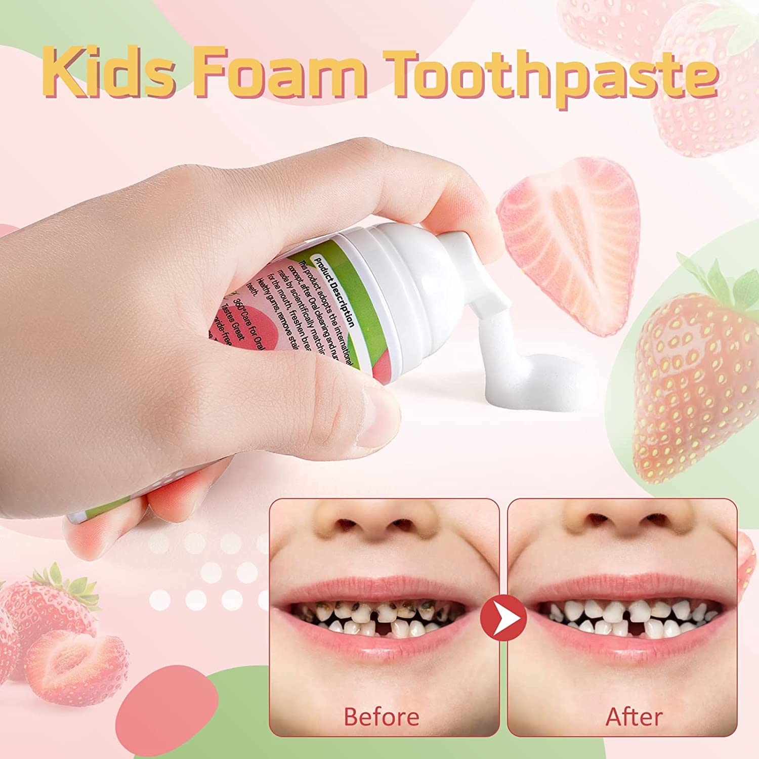 Foam Toothpaste for Kids – Low Fluoride, U‑Shaped Toothbrush, Fruit Flavor