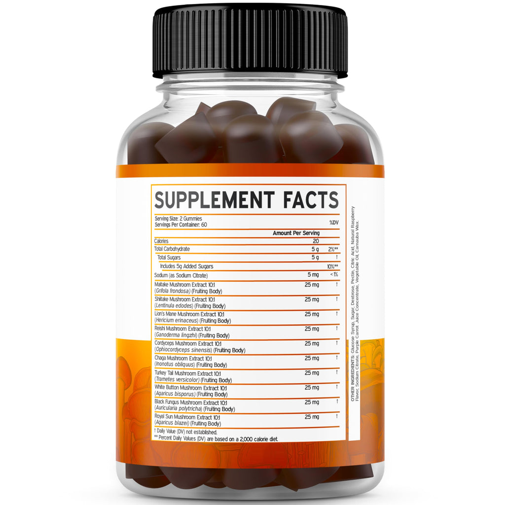 Mushroom Gummies 2500mg - 10-in-1 Focus & Brain Supplement | 120 Gummies (Pack of 2) | Vegan, USA Made