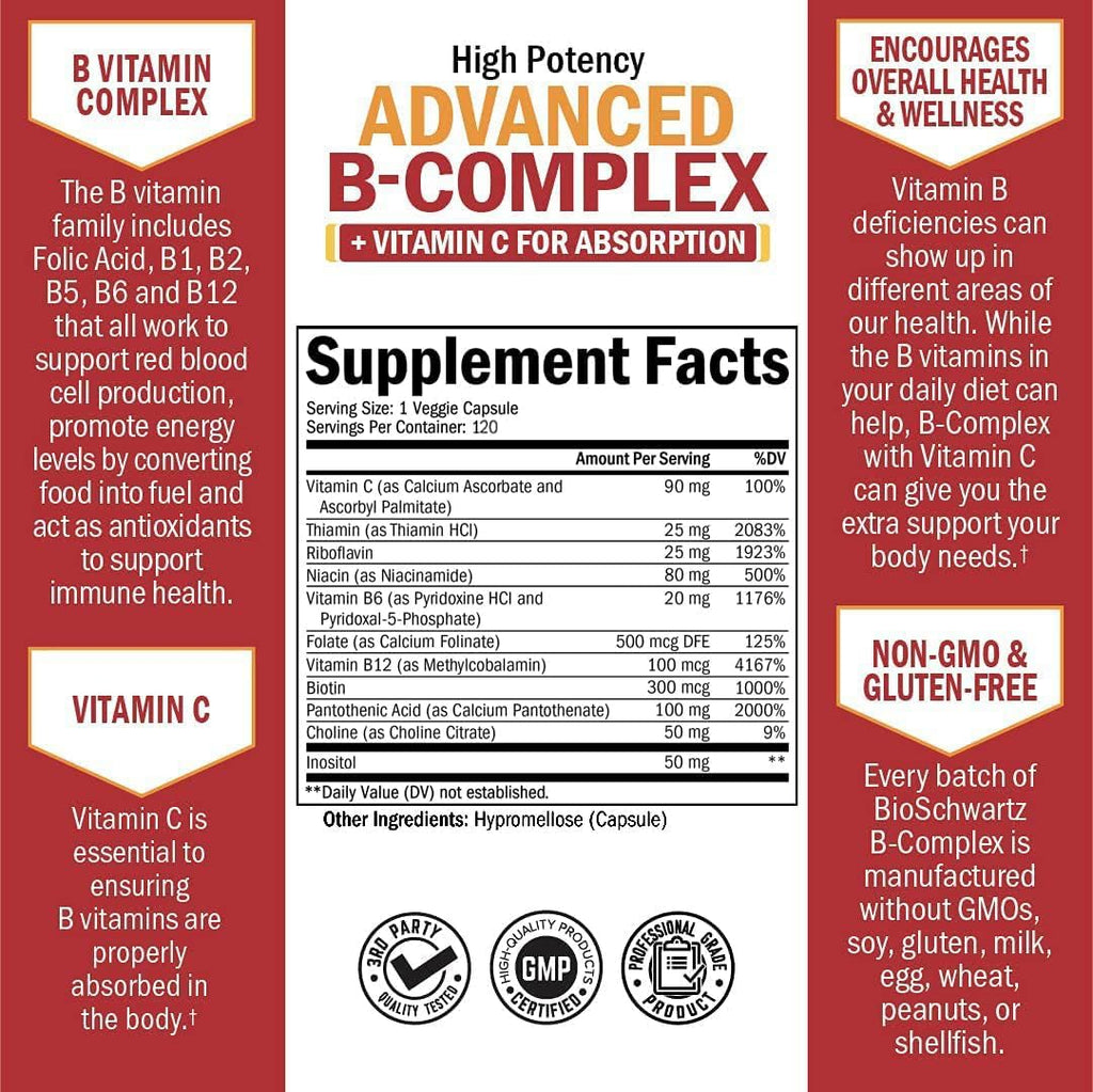Vitamin B Complex with Vitamin C for Maximum Absorption - Methylcobalamin B12 & Folate - 120 Count