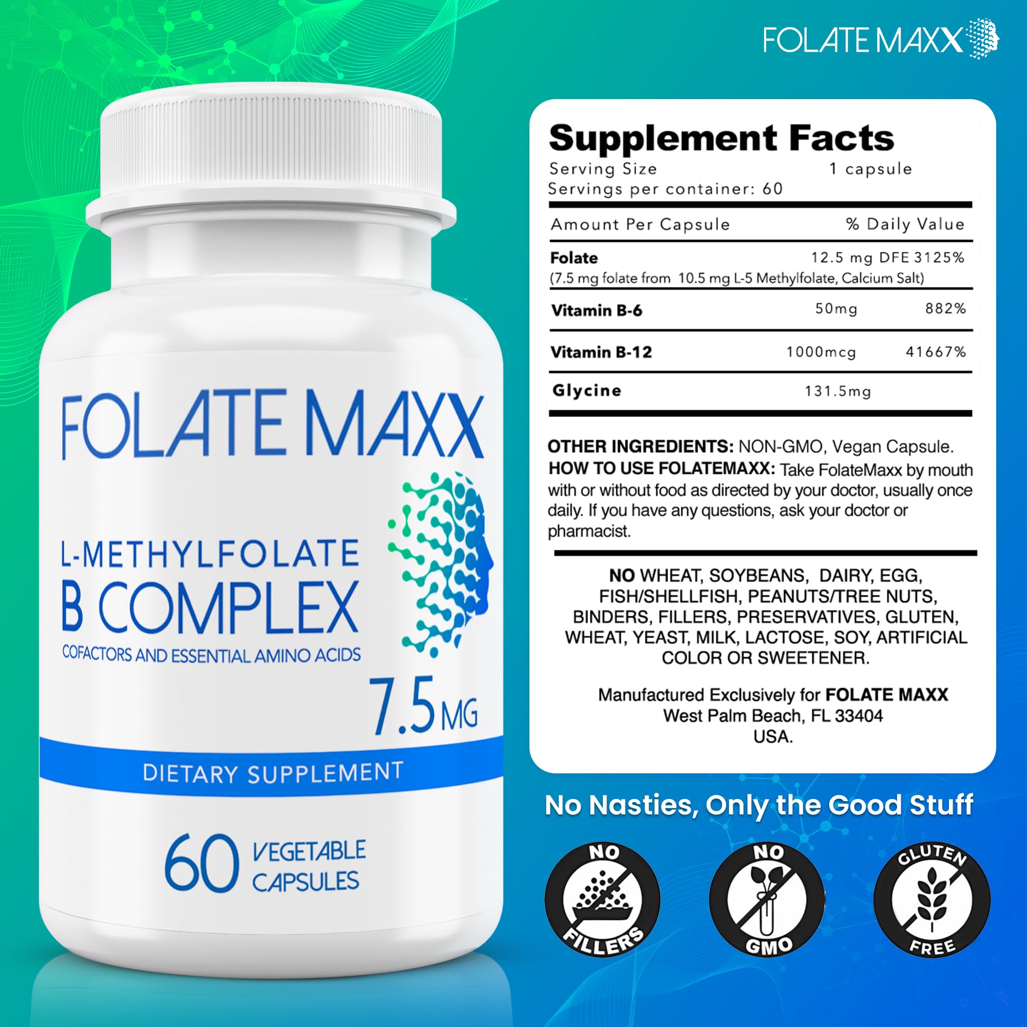 FolateMaxx L-Methylfolate 7.5mg with B Complex – 60 Capsules | Non-GMO, Gluten Free | 2-Month Supply