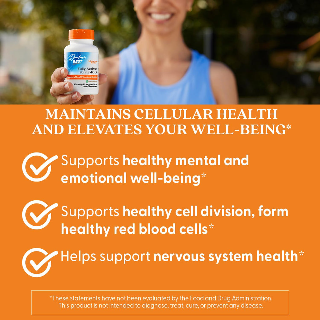 Doctor's Best Fully Active Folate with Quatrefolic 400 mcg – Healthy Mood, Memory & Circulation | 90 VC