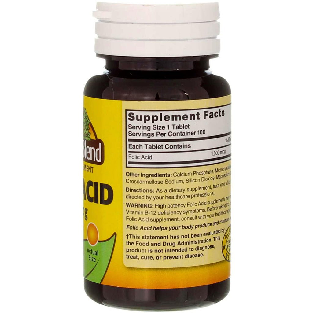 Folic Acid 1000 mcg – Nature's Blend | 100 Tablets | Gluten Free
