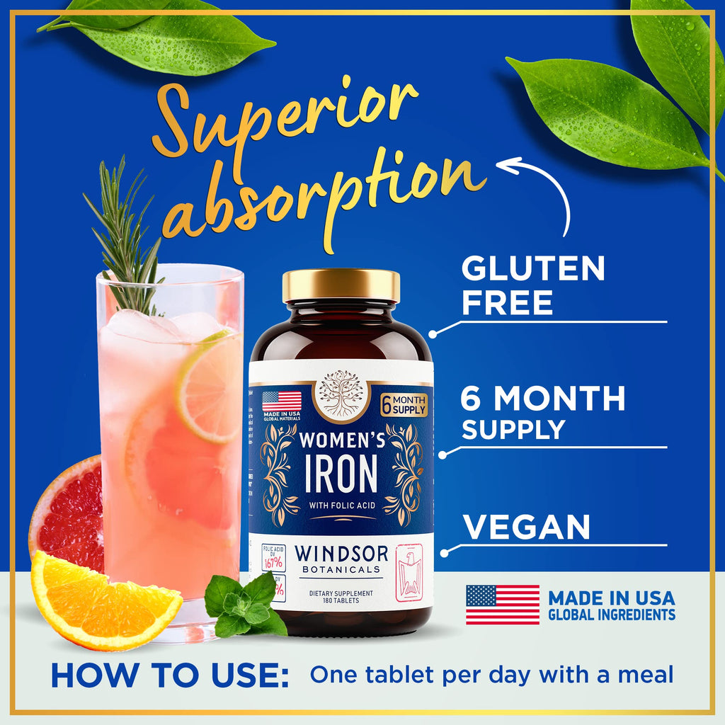 Iron and Folic Acid for Women – Gentle 35mg Iron, 400mcg Folic Acid – Vegan, 180 Tablets