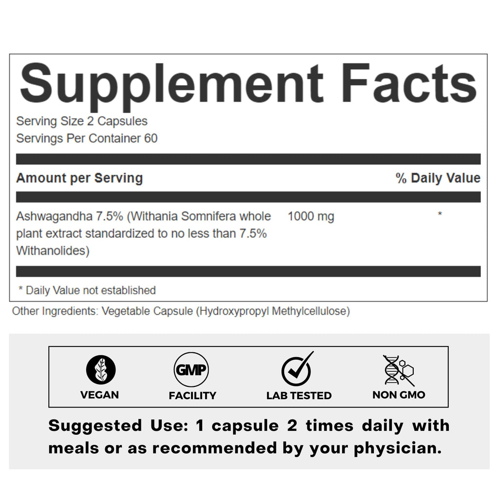 FOLIUS LABS Ashwagandha 7.5% - 500mg, 120 Capsules | Stress & Mood Support