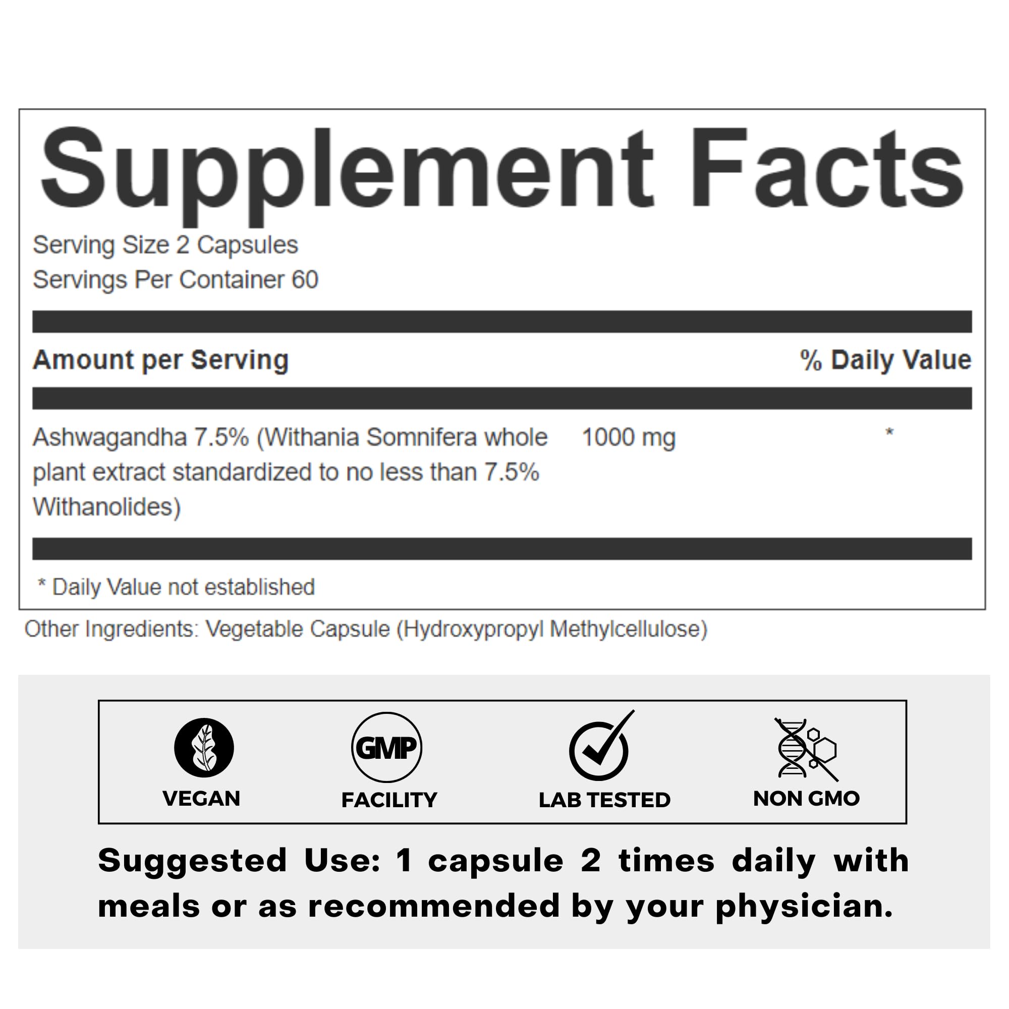 FOLIUS LABS Ashwagandha 7.5% - 500mg, 120 Capsules | Stress & Mood Support