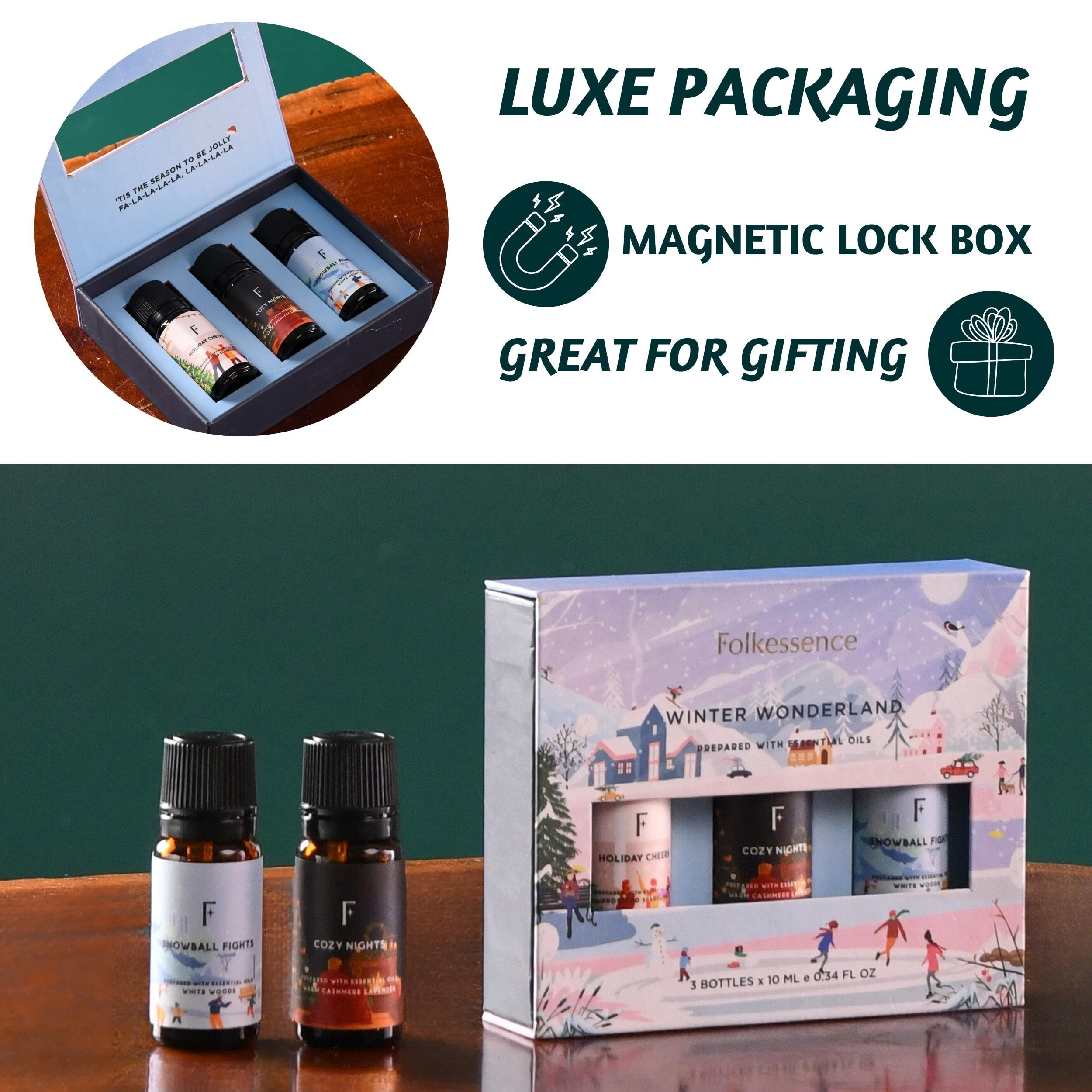 Folkulture Christmas Essential Oils Set – 3-Pack for Diffusers (White Woods, Cashmere, Lavender) | Winter Wonderland