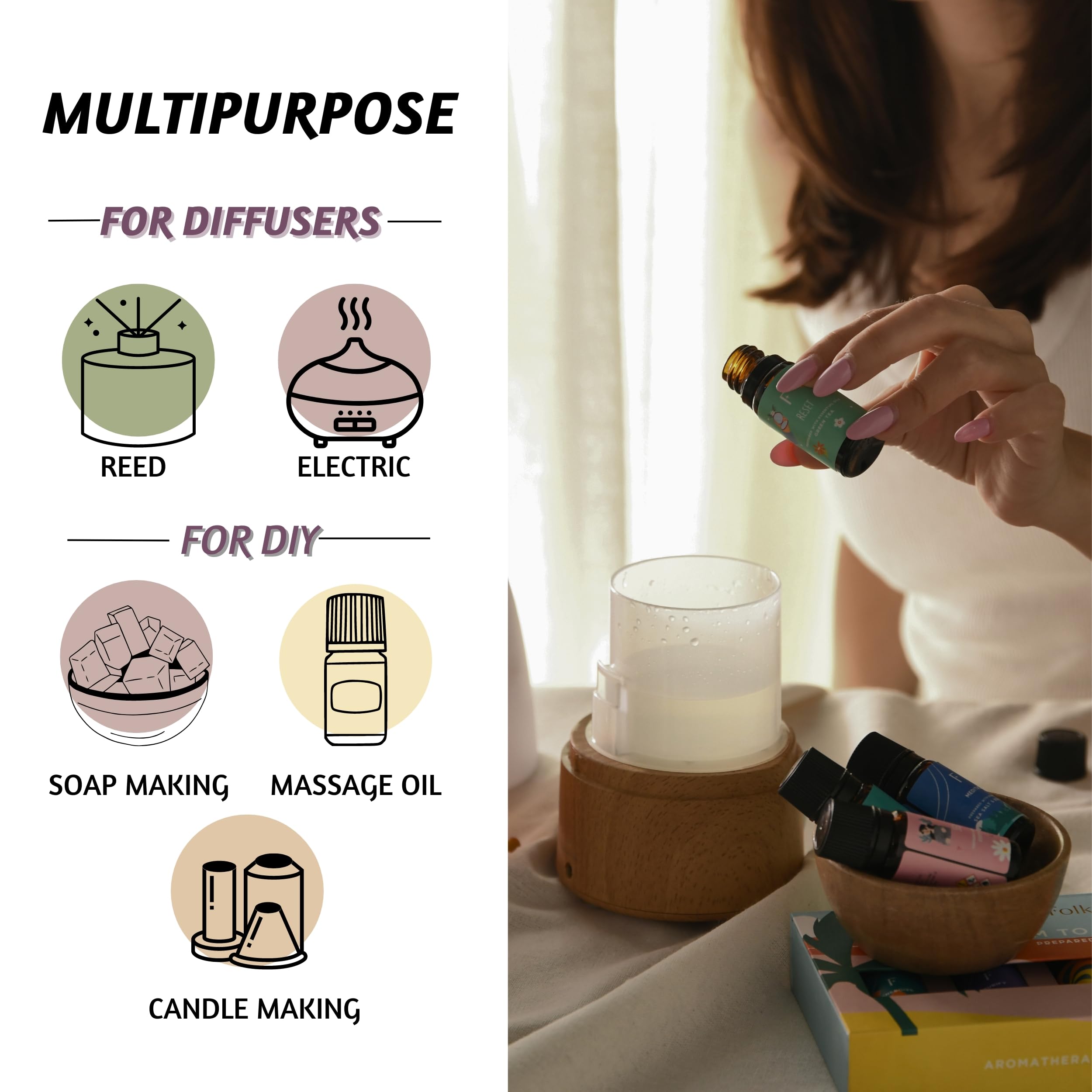 Folkulture Essential Oils for Diffusers | Oil Diffuser Essential Oil Set of 6 Fragrance Oil | Diffusers Oil Scents for Home | Fragrance Oil for Diffusers | Patchouli, Jasmine, Rose
