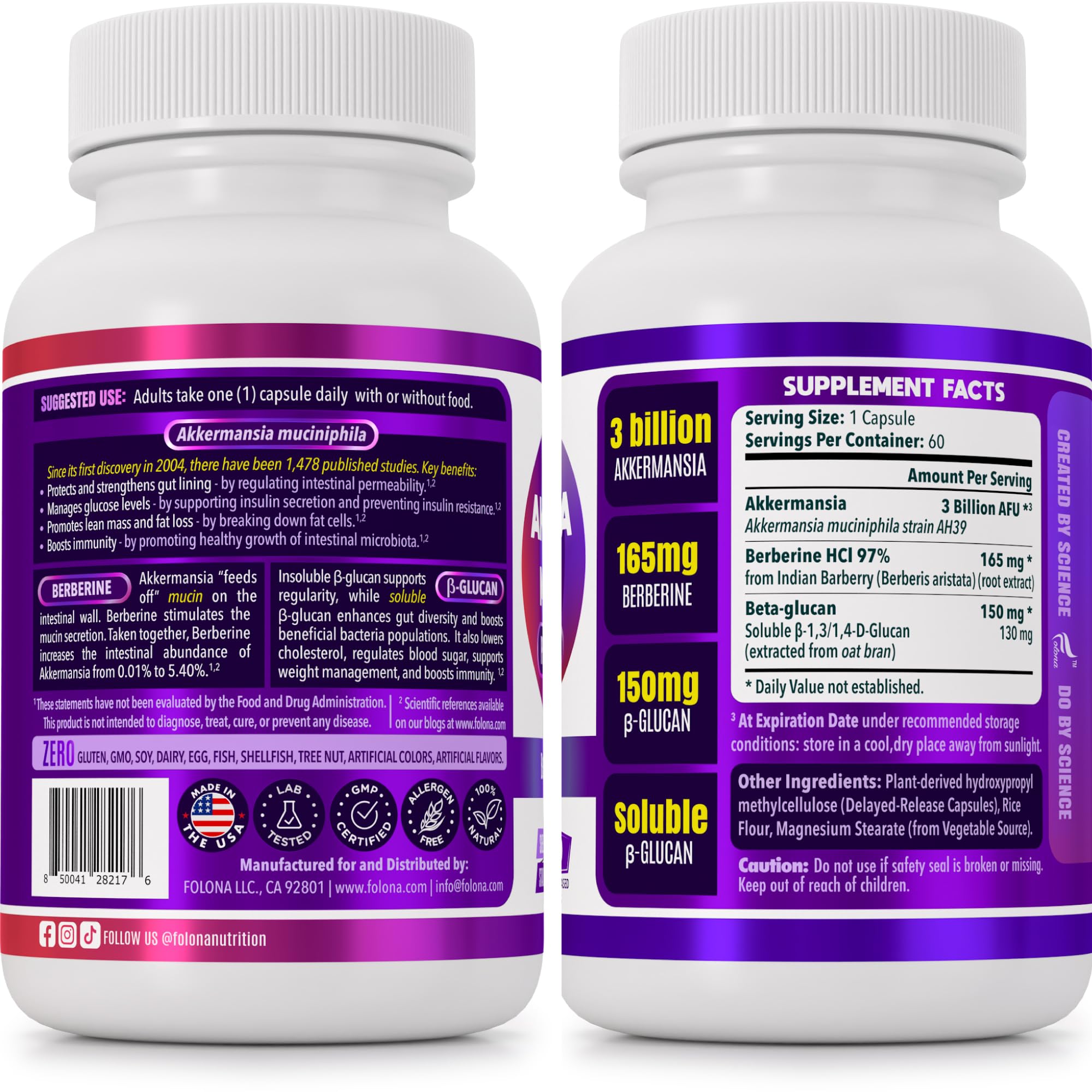 FOLONA Akkermansia GLP-1 Probiotic with Berberine & Beta-Glucan – Delayed-Release, 60 Capsules