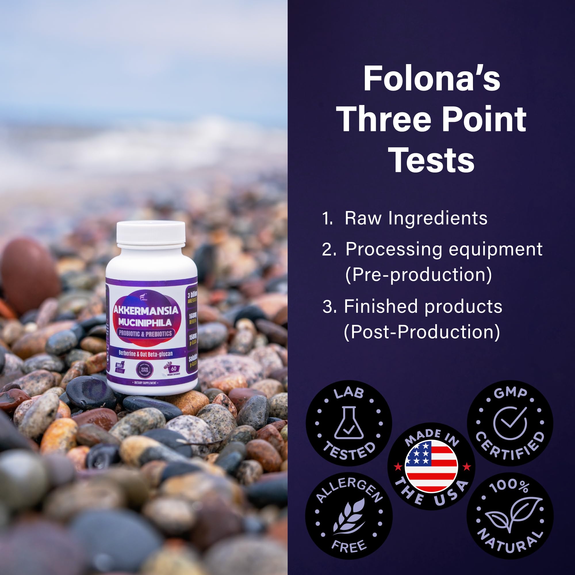 FOLONA Akkermansia GLP-1 Probiotic with Berberine & Beta-Glucan – Delayed-Release, 60 Capsules
