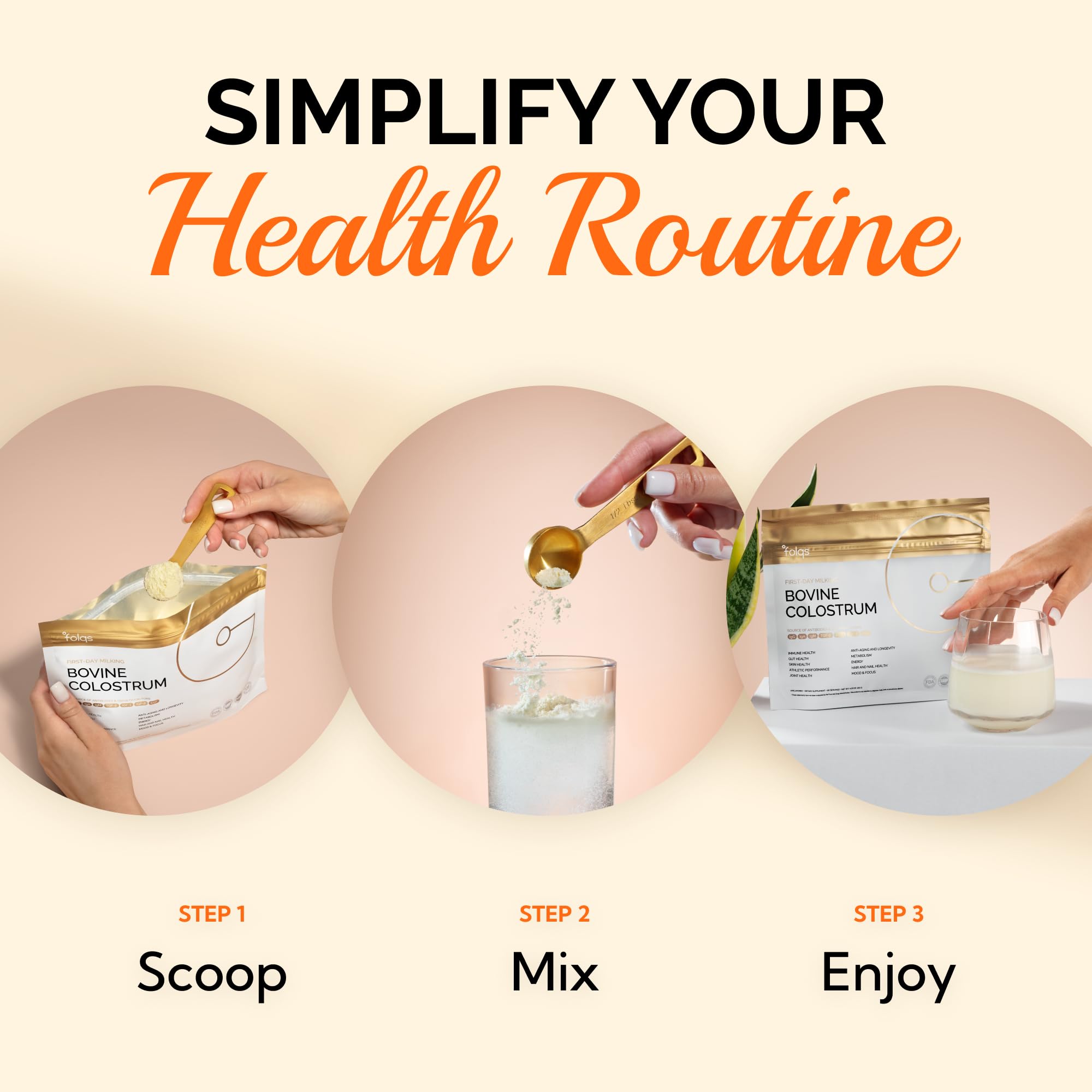 Folqs Bovine Colostrum Powder — First-Day Milking for Immune & Gut Support, 60 Servings, Made in USA