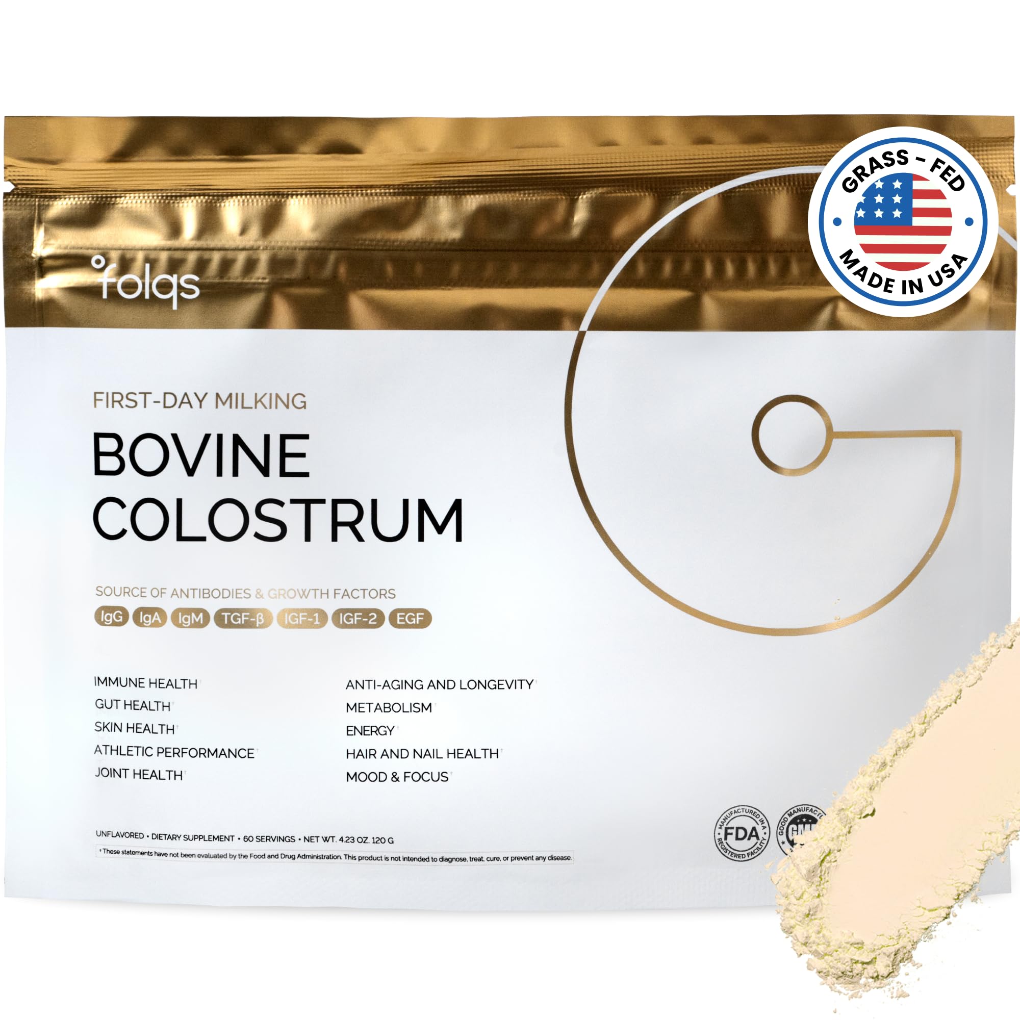 Folqs Bovine Colostrum Powder — First-Day Milking for Immune & Gut Support, 60 Servings, Made in USA