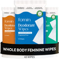 FOMIN Acidified Deodorant Wipes for Women – 45 Count Variety Pack | Hypoallergenic, pH-Balanced, Plastic-Free, Exfoliating Odor Control