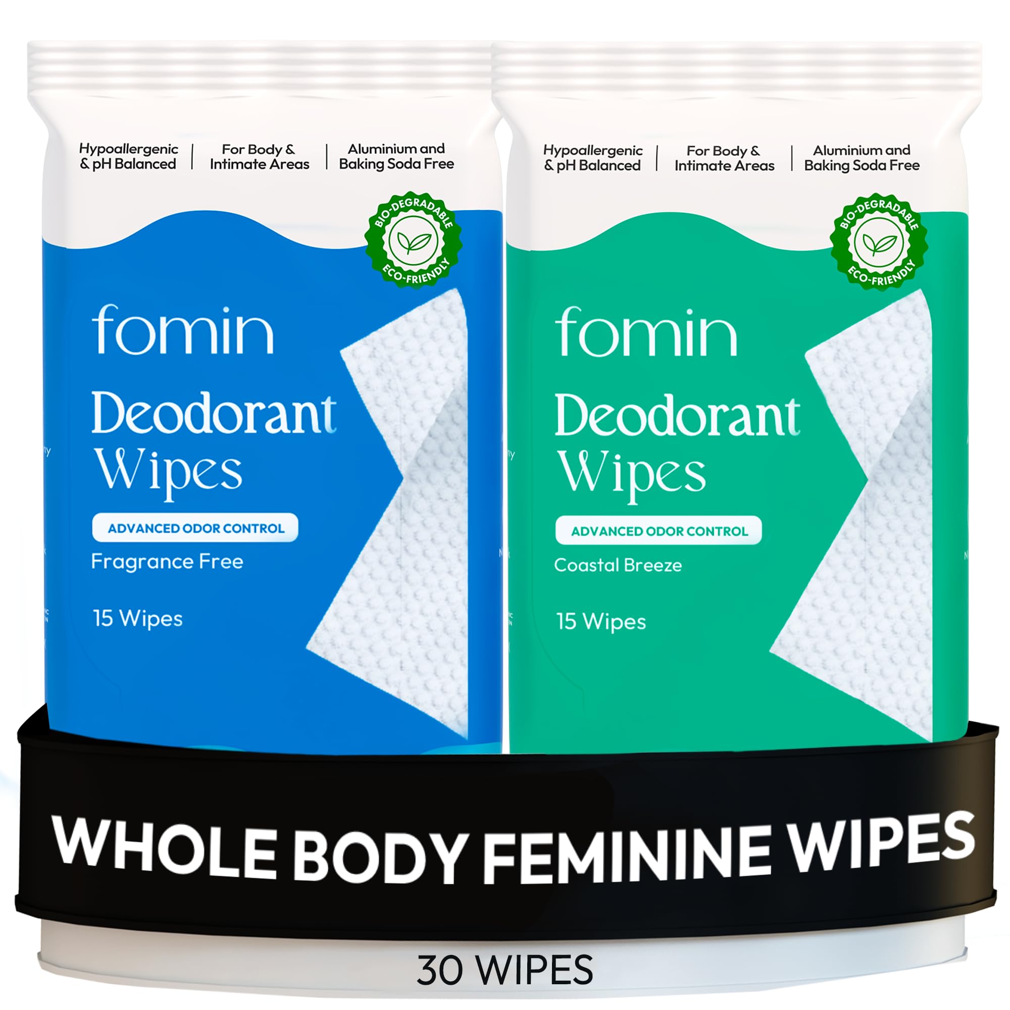 FOMIN Acidified Deodorant Wipes for Women – 30 Count, Hypoallergenic & Plastic-Free