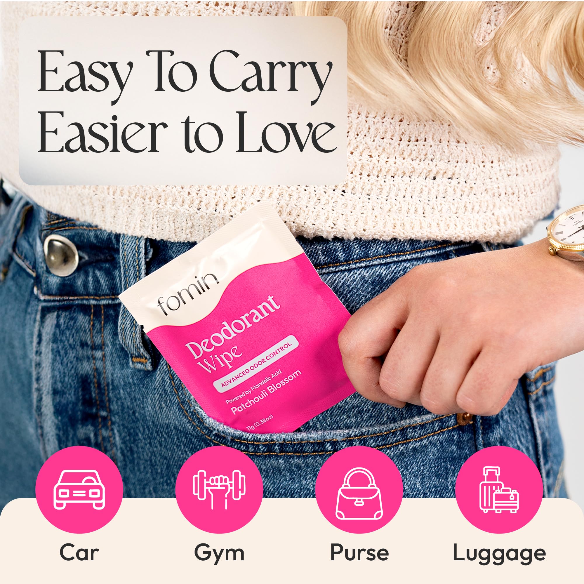 FOMIN Acidified Travel Deodorant Wipes – Patchouli Blossom, 50 Count, Plastic-Free & Biodegradable