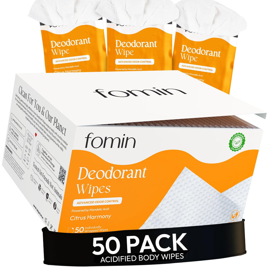 FOMIN Acidified Travel Deodorant Wipes – Citrus Harmony, 50 Count, pH Balanced, Plastic-Free, Individually Wrapped
