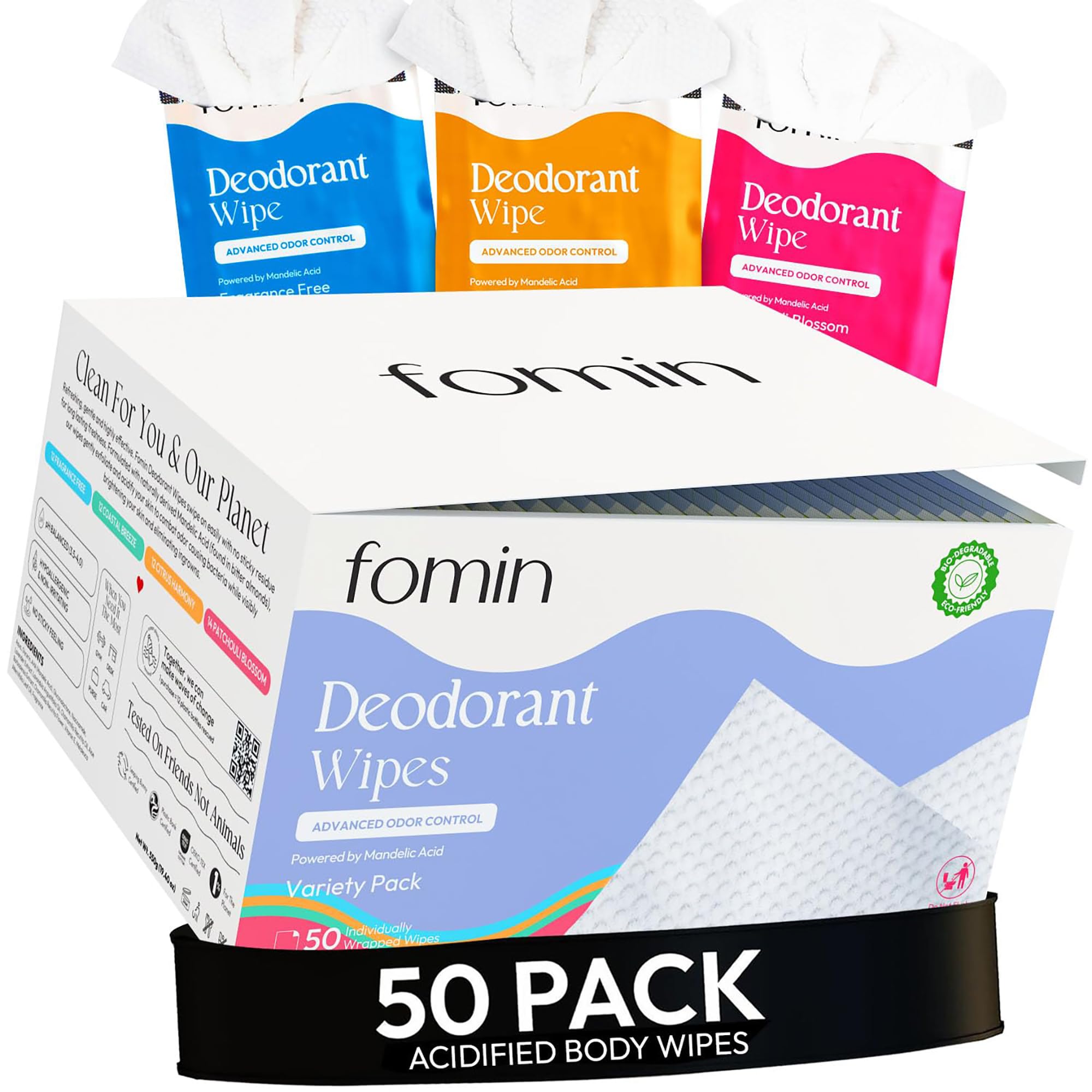 FOMIN Acidified Travel Deodorant Wipes – 50 Count Variety Pack | pH Balanced, Plastic-Free & Biodegradable