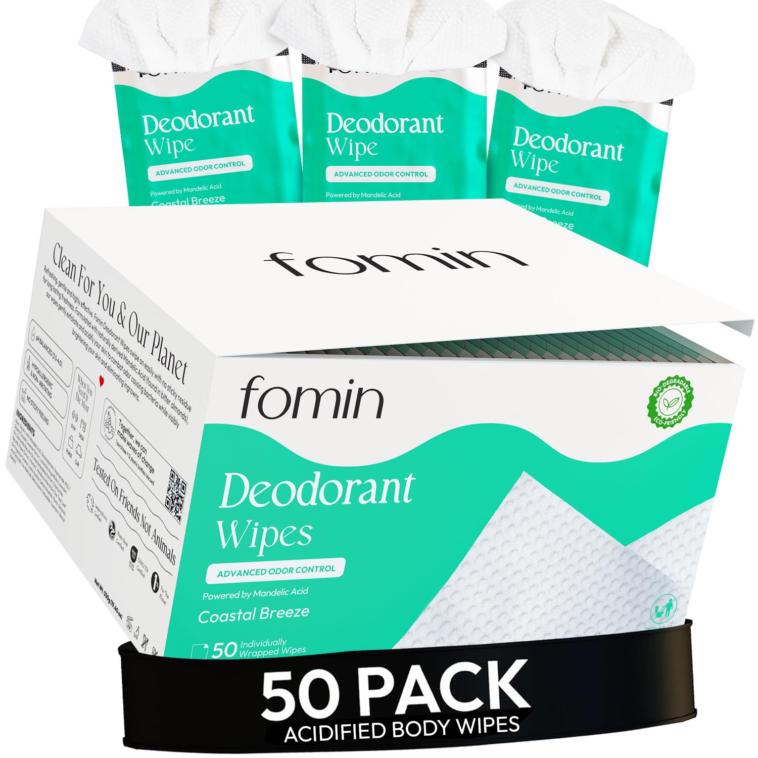 FOMIN Acidified Travel Deodorant Wipes Coastal Breeze – 50 Count, pH Balanced, Plastic-Free