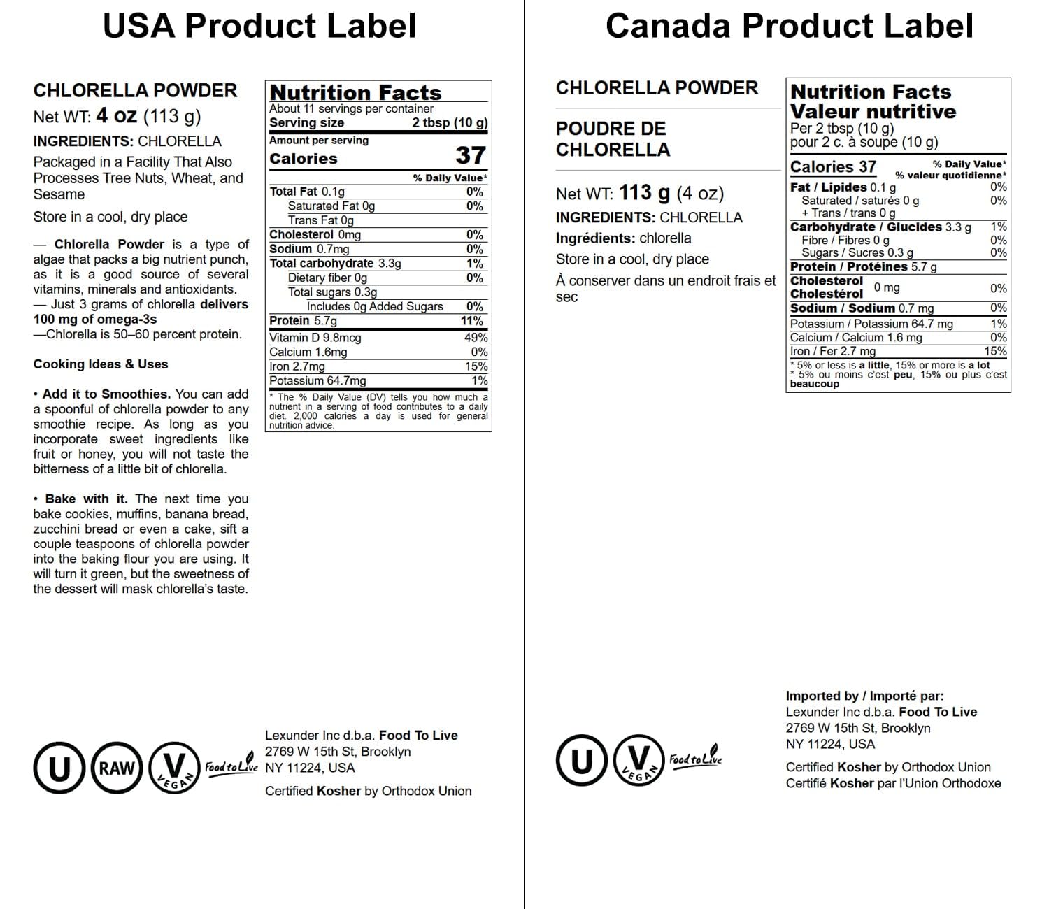 Food to Live Chlorella Powder - 4 oz | Kosher, Raw Green Algae, Vegan