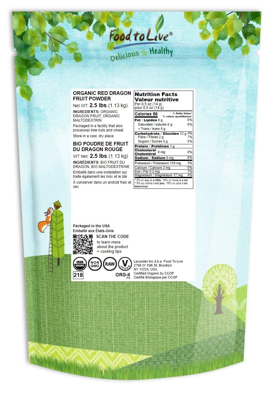 Food to Live Organic Dragon Fruit Powder 2.5 lb – Non-GMO Red Pitaya, Vegan, Maltodextrin