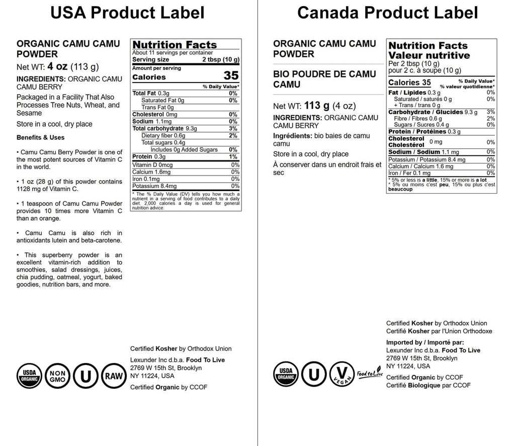 Food to Live Organic Camu Camu Powder 4 oz – Non-GMO, Raw, Kosher, Vegan