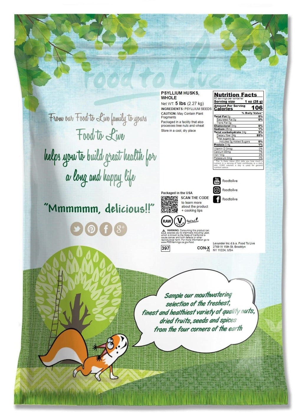 Food to Live Whole Psyllium Husks - 5 lb | Pure Psyllium Husk Flakes, Unflavored, Keto, Vegan
