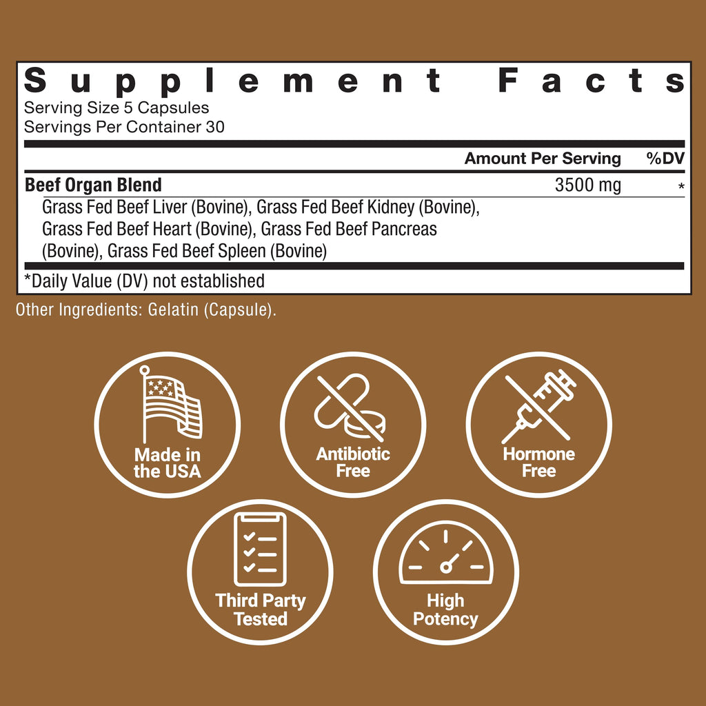 FORCE FACTOR Primal Origins Grass-Fed Beef Organs – Liver, Heart, Kidney, Pancreas & Spleen | 3500mg, 150 Capsules