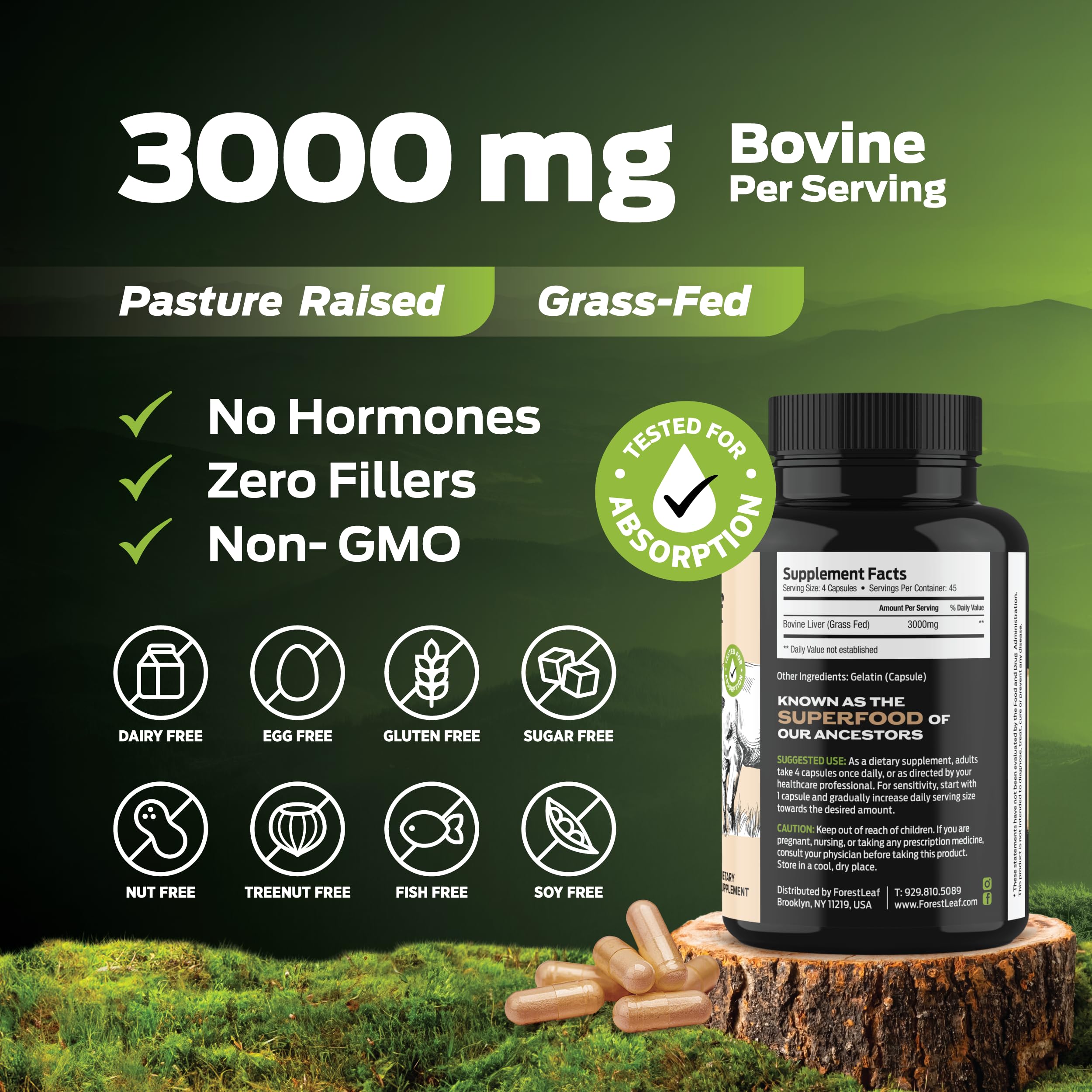 ForestLeaf Grass Fed Beef Liver Capsules - 3000mg per Serving, 180 Caps
