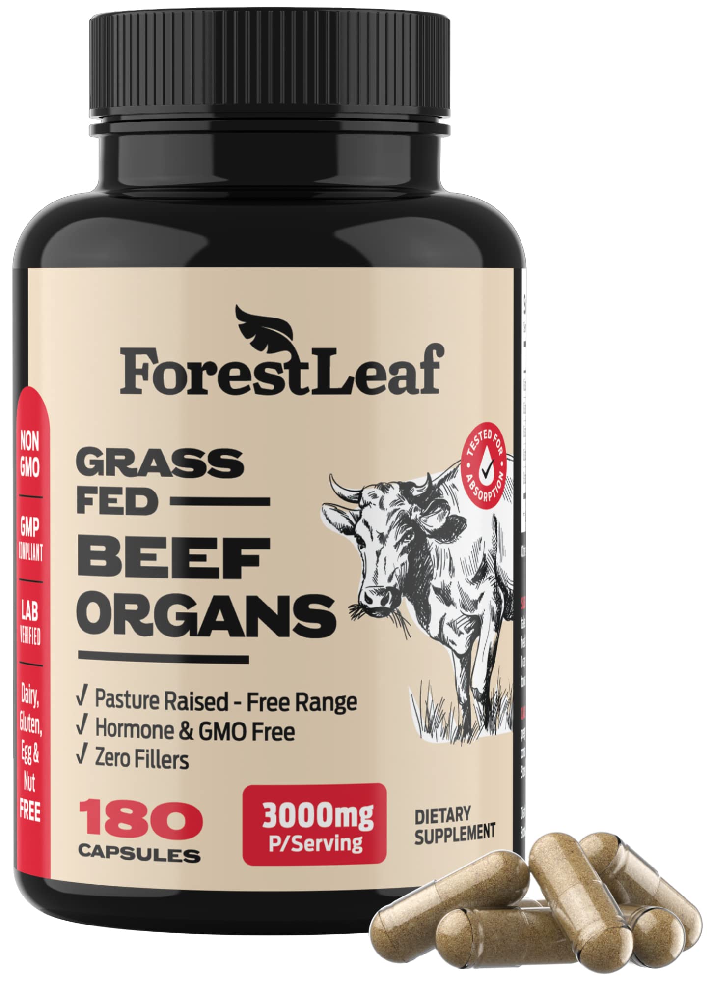 ForestLeaf Beef Organ Supplement - Grass-Fed & Pasture-Raised (180 Caps)