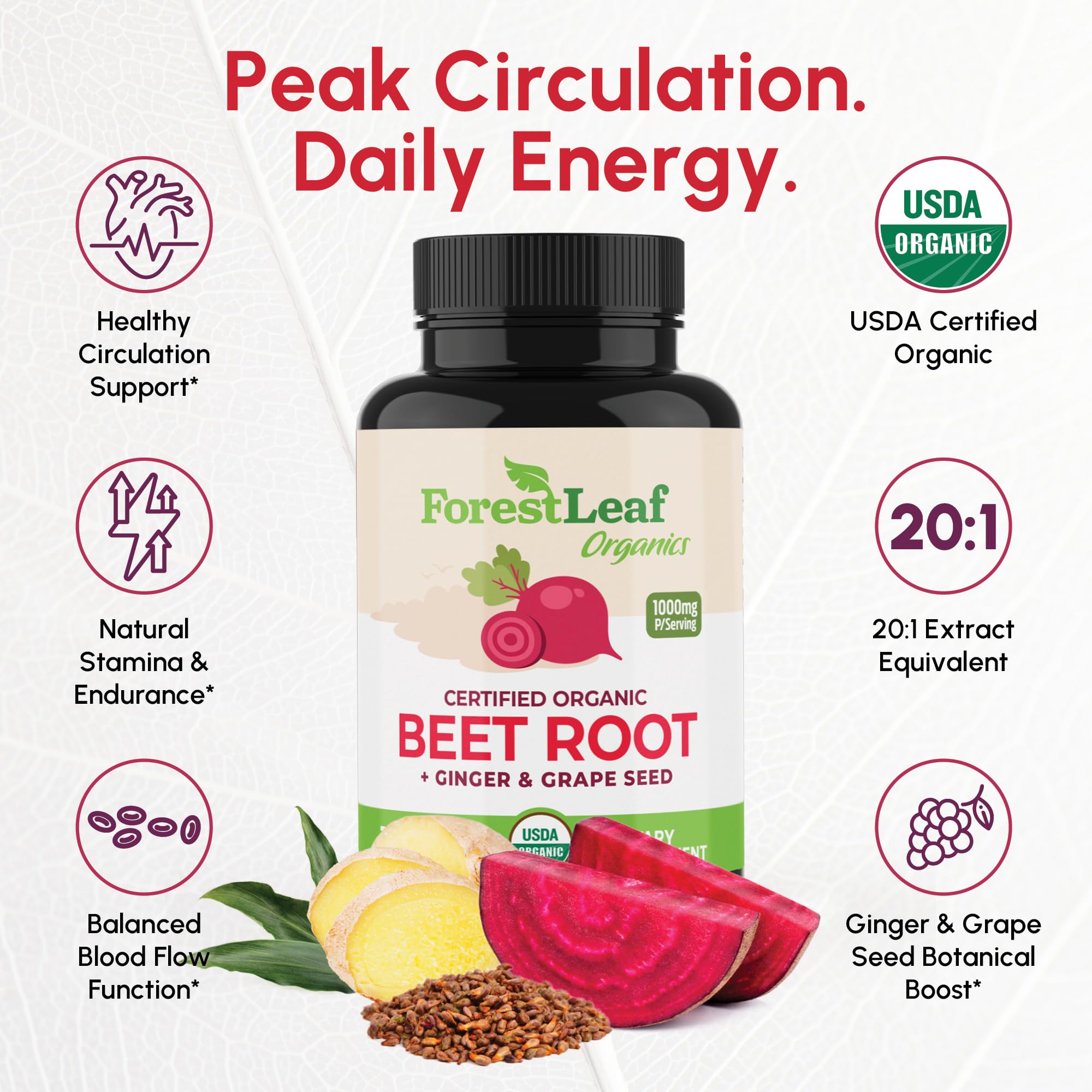 ForestLeaf Organic Beet Root Capsules – 20:1 Beet Extract with Ginger & Grape Seed | 120 Caps