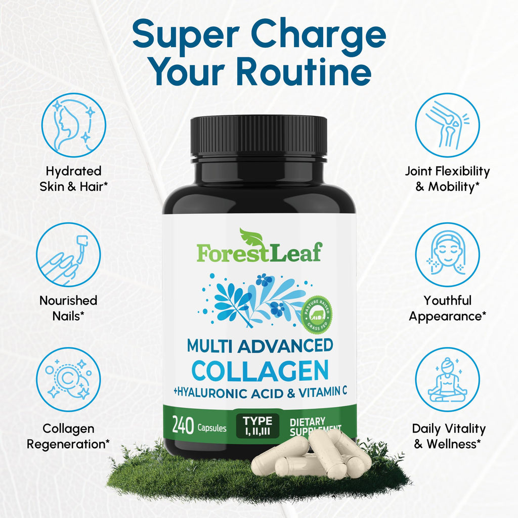 ForestLeaf Multi Collagen Pills — Hydrolyzed Collagen with Vitamin C & Hyaluronic Acid (240 Capsules)