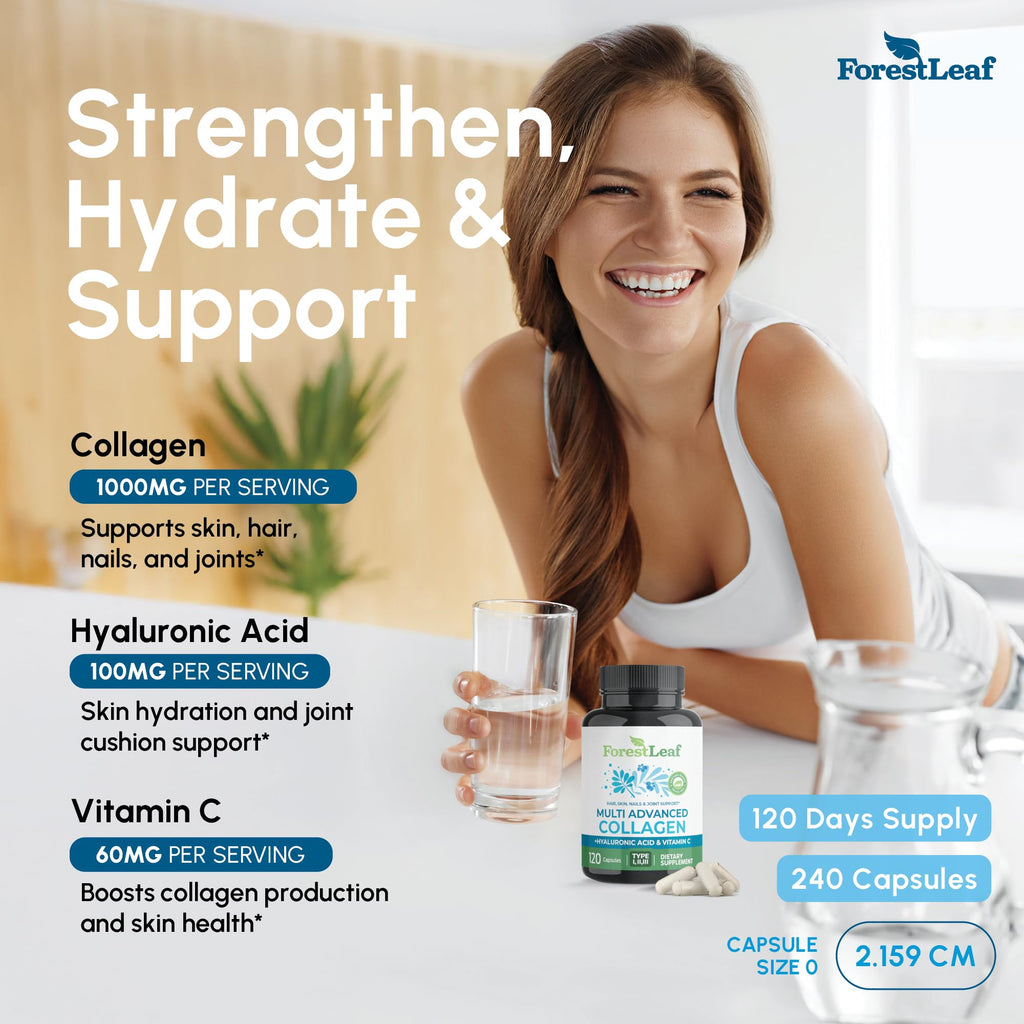 ForestLeaf Multi Collagen Pills with Hyaluronic Acid + Vitamin C | Hydrolyzed Collagen for Skin, Joints, and Hair | 240 Capsules