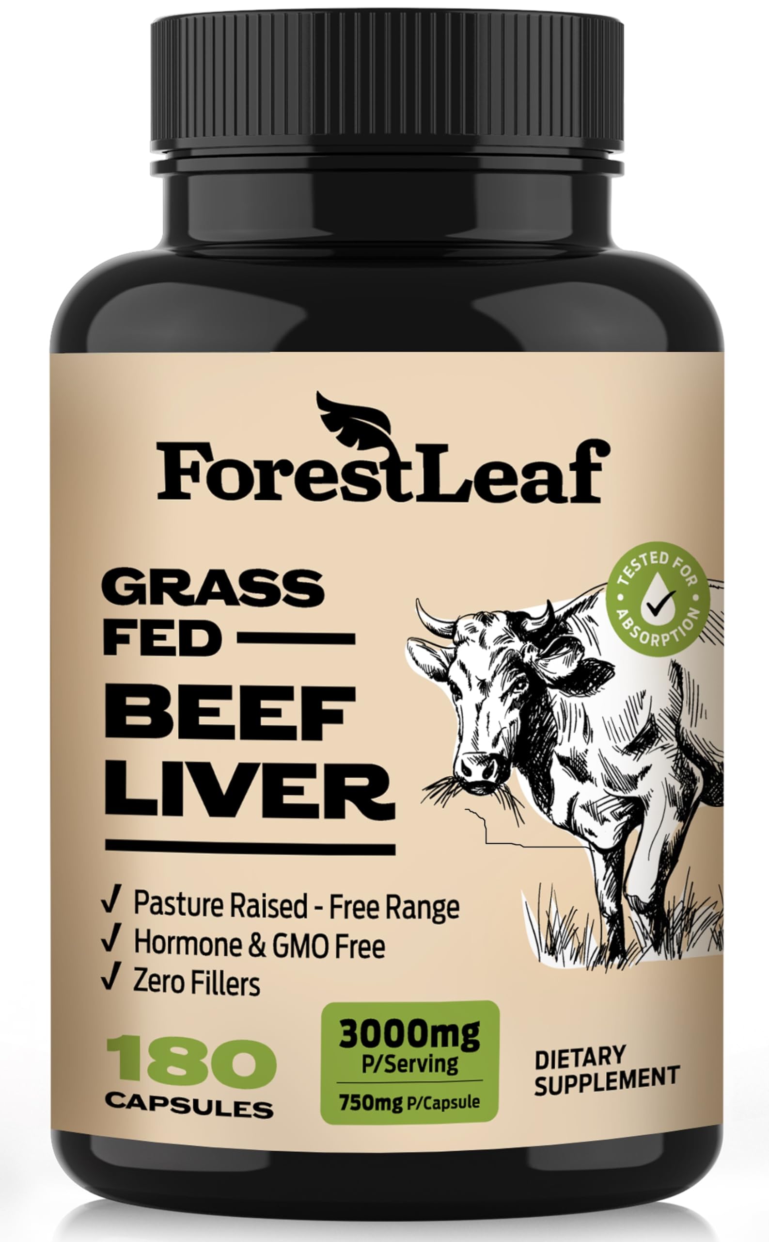 ForestLeaf Grass Fed Beef Liver Capsules - 3000mg per Serving, 180 Caps