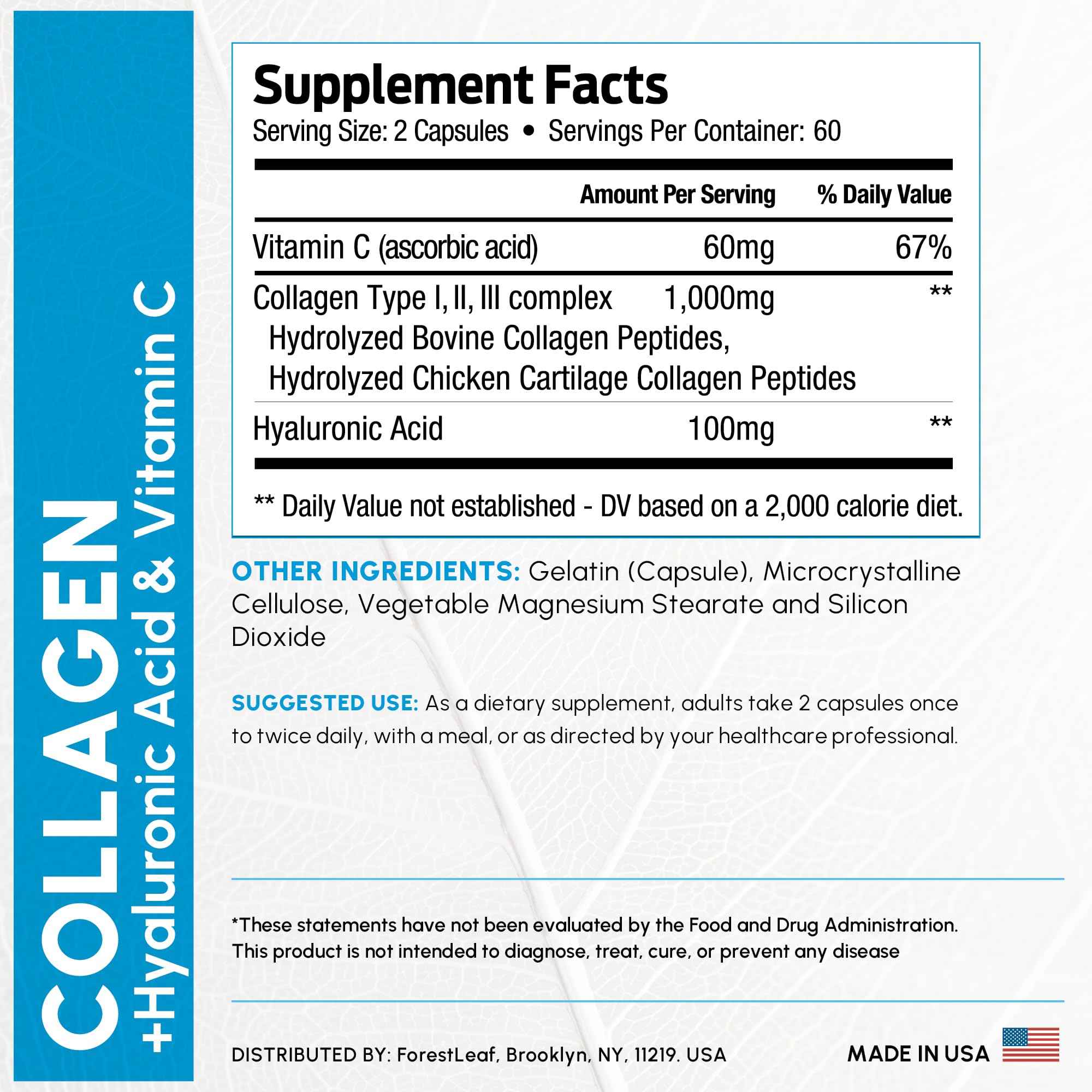 ForestLeaf Multi Collagen Pills with Hyaluronic Acid + Vitamin C | Hydrolyzed Collagen for Skin, Joints, and Hair | 240 Capsules
