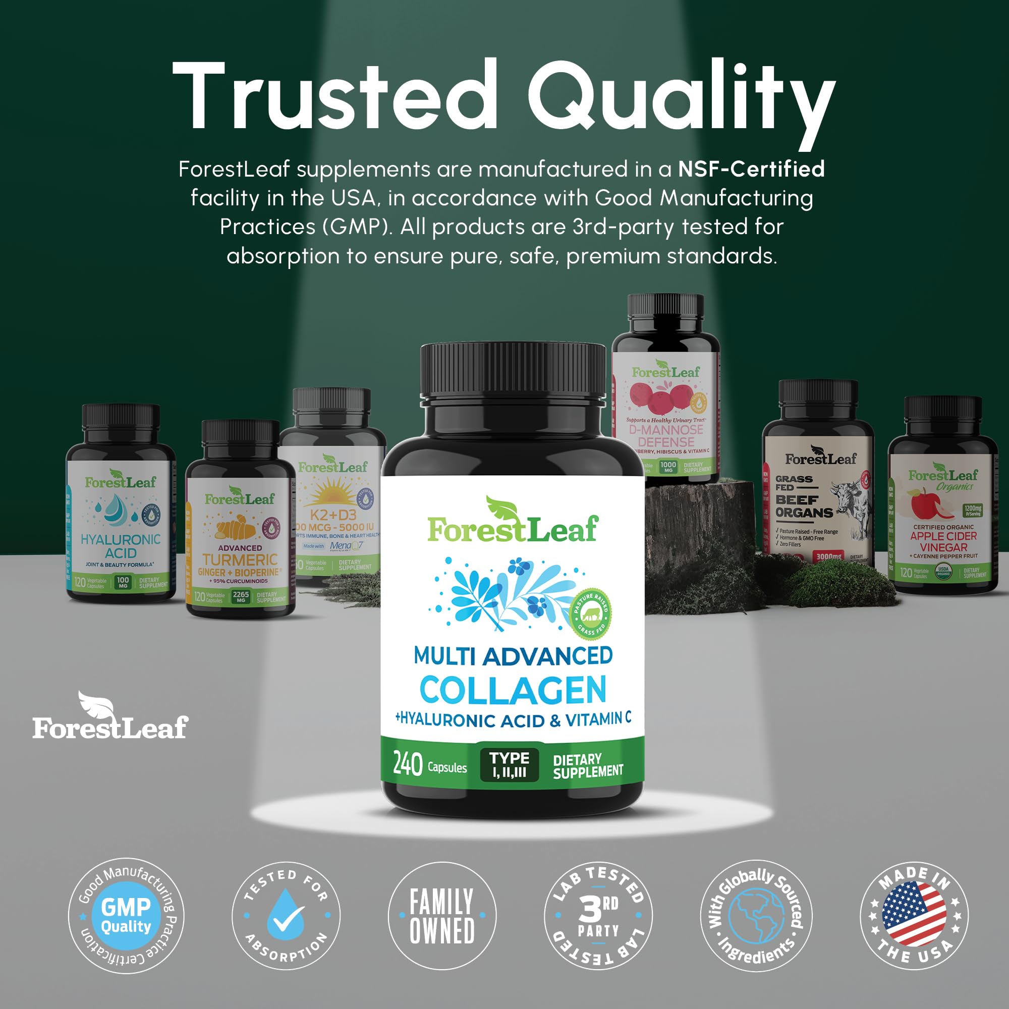 ForestLeaf Multi Collagen Pills — Hydrolyzed Collagen with Vitamin C & Hyaluronic Acid (240 Capsules)