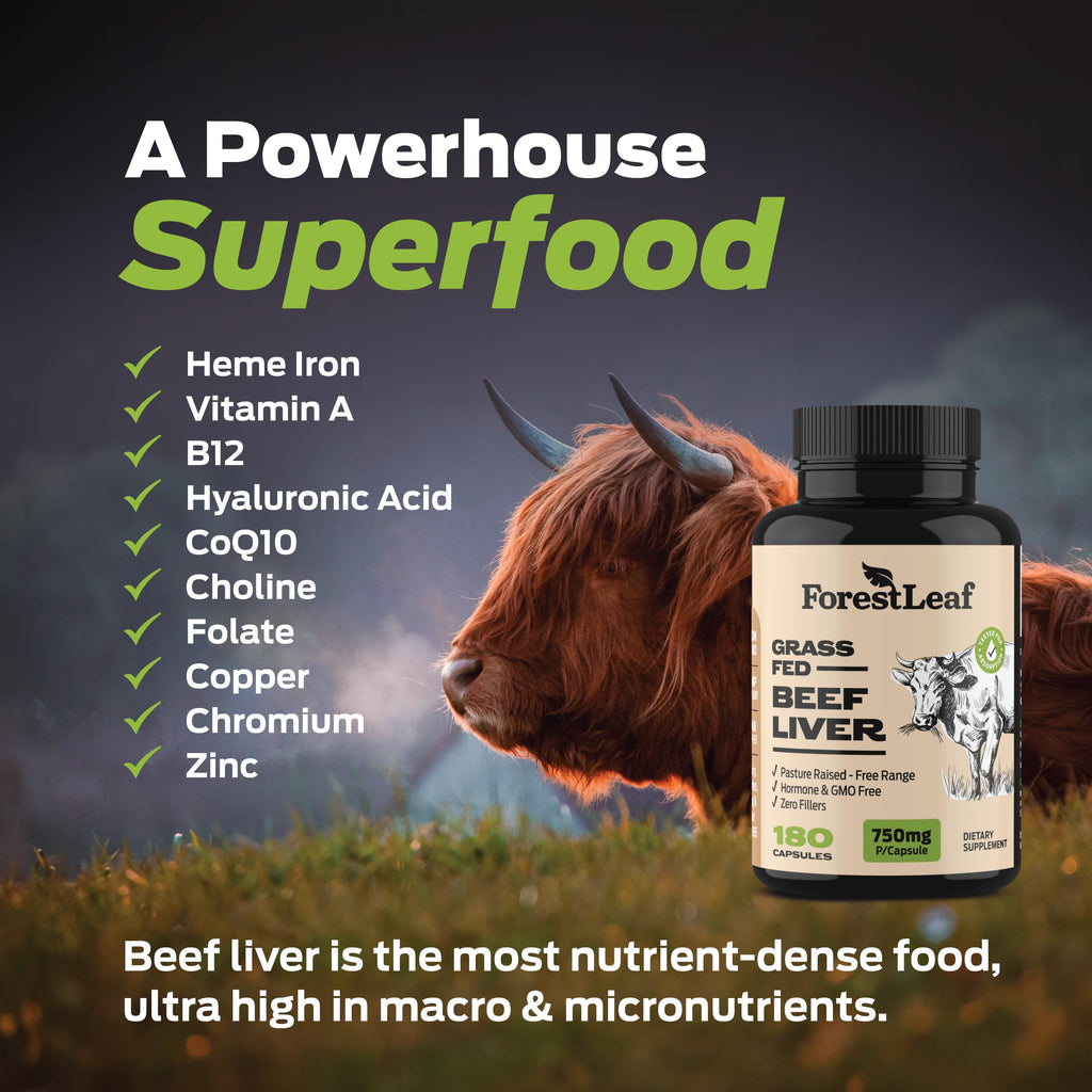ForestLeaf Grass Fed Beef Liver Capsules - 3000mg per Serving, 180 Caps