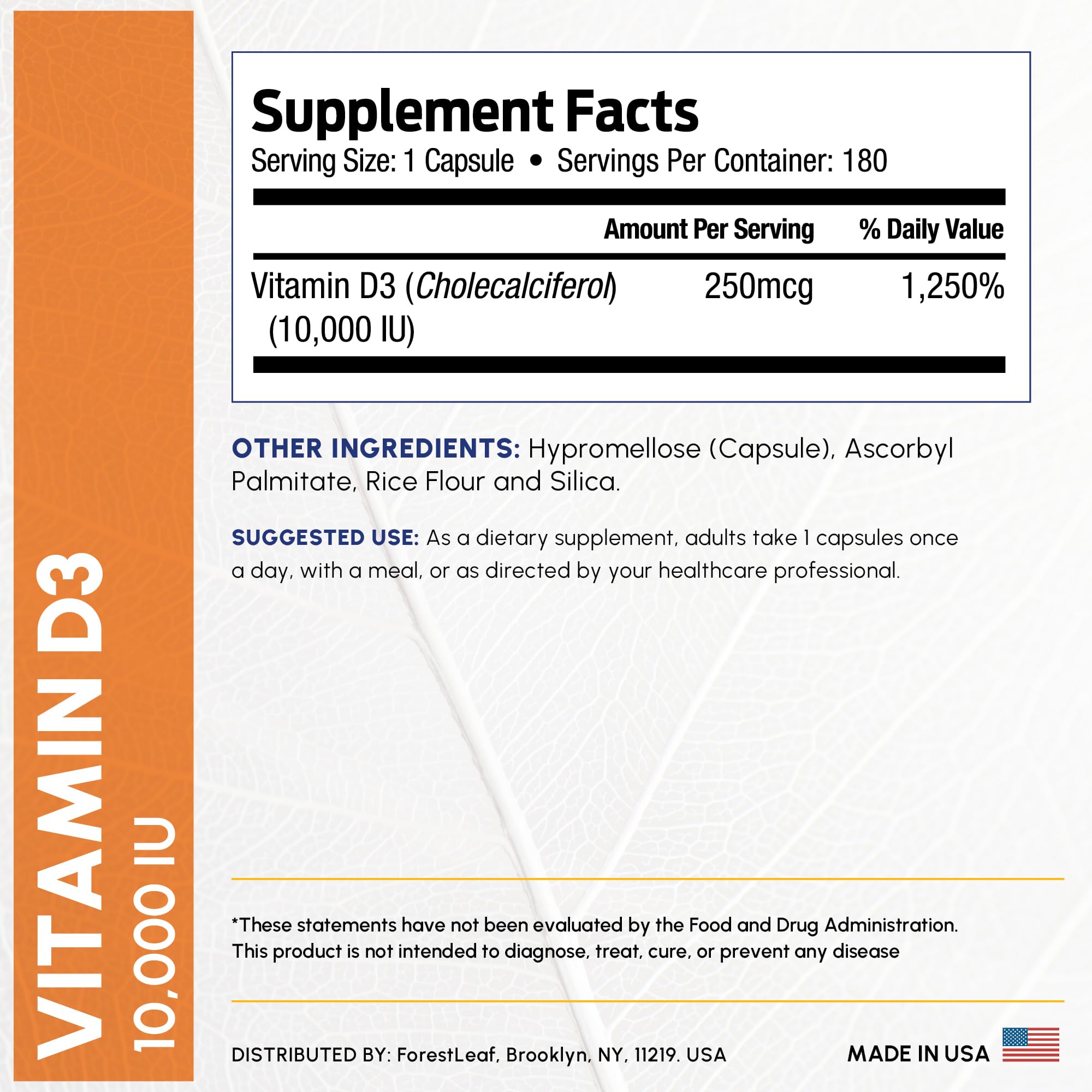 ForestLeaf Vitamin D3 10,000 IU - High Potency D3, 180 Caps