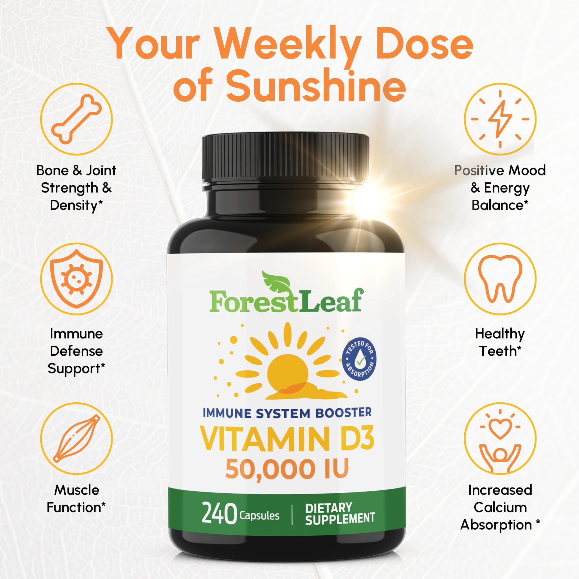 ForestLeaf Vitamin D3 50,000 IU – Weekly High Potency Vitamin D3 (240 Caps) | Bone, Teeth & Immune Support