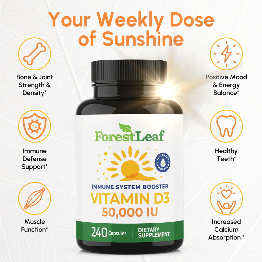 ForestLeaf Vitamin D3 50,000 IU – Weekly High Potency Vitamin D3 (240 Caps) | Bone, Teeth & Immune Support