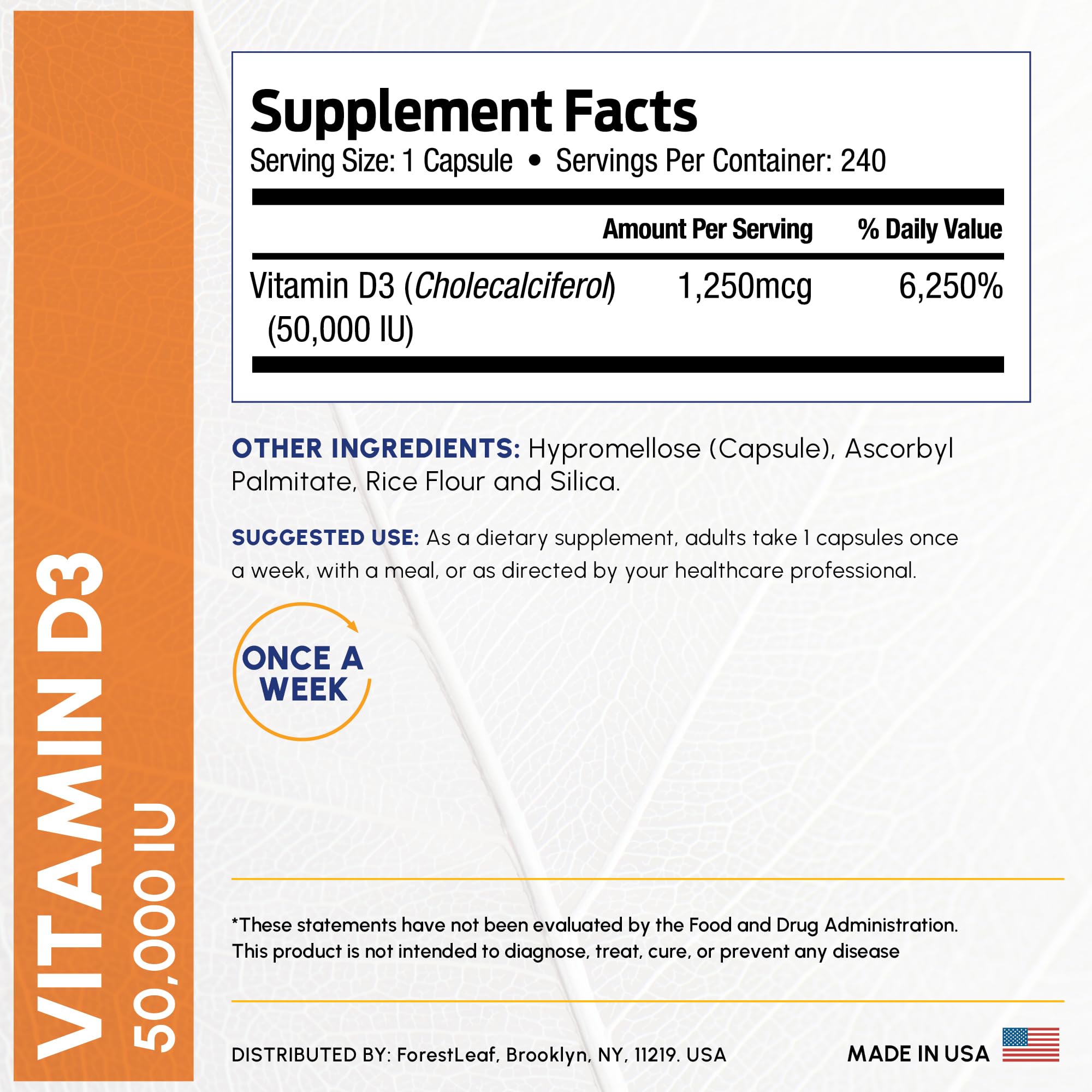 ForestLeaf Vitamin D3 50,000 IU – Weekly High Potency Vitamin D3 (240 Caps) | Bone, Teeth & Immune Support