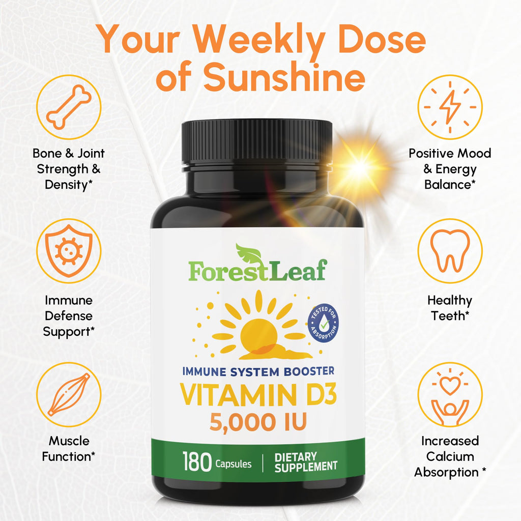 ForestLeaf Vitamin D3 5000 IU - 180 Count | Immune, Bone & Teeth Support