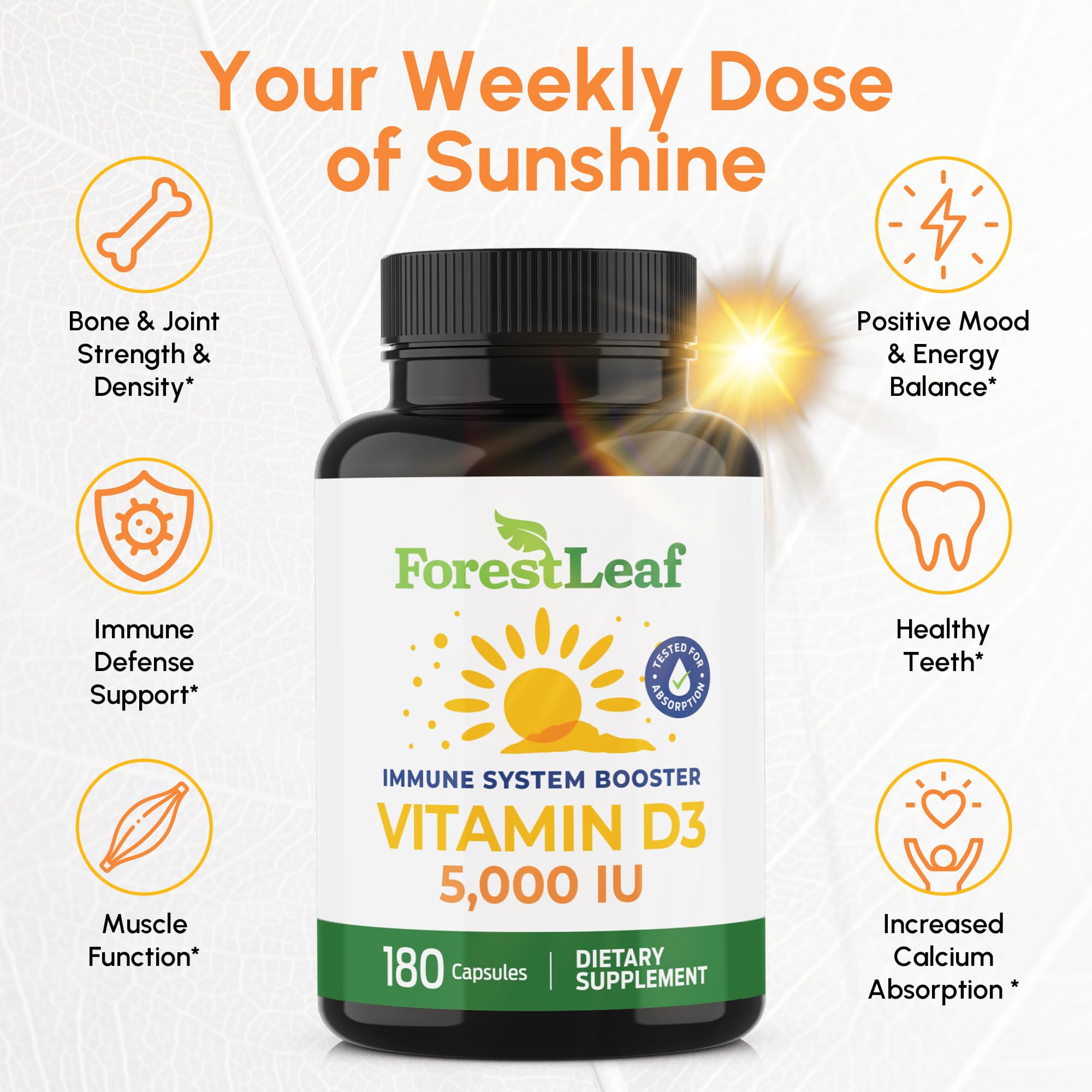 ForestLeaf Vitamin D3 5000 IU - 180 Count | Immune, Bone & Teeth Support