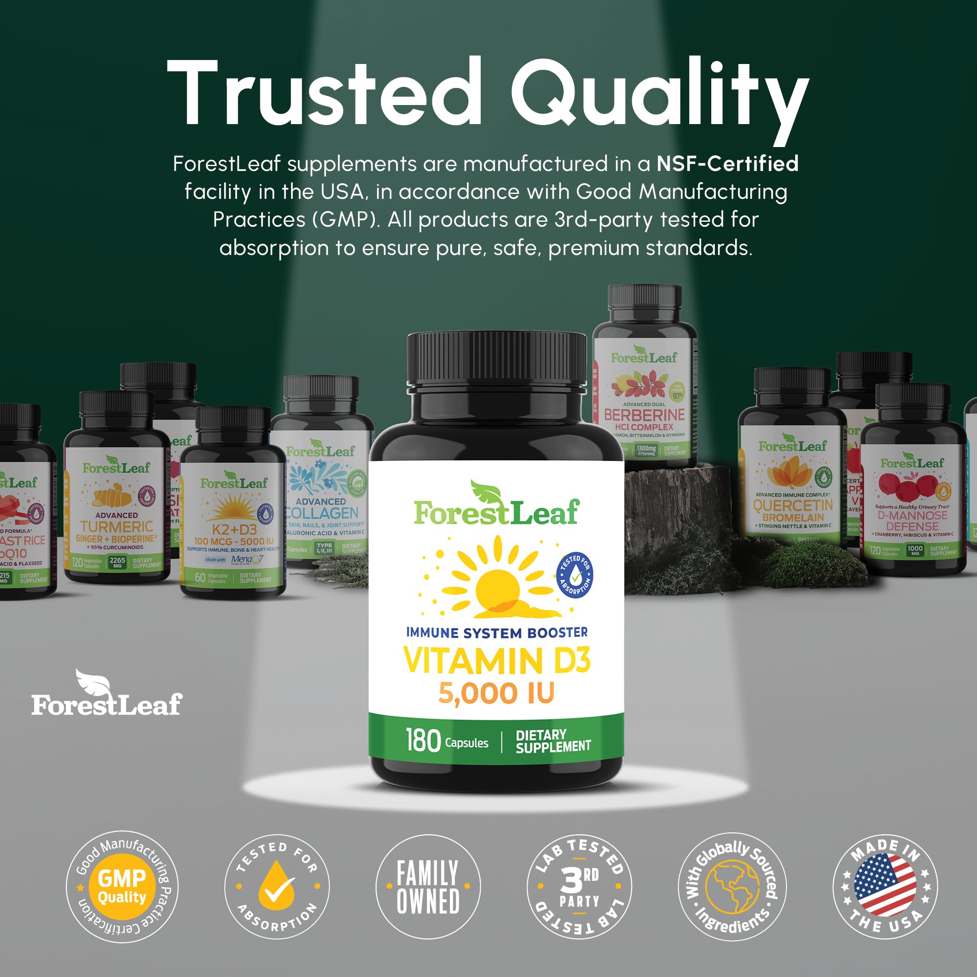 ForestLeaf Vitamin D3 5000 IU - 180 Count | Immune, Bone & Teeth Support