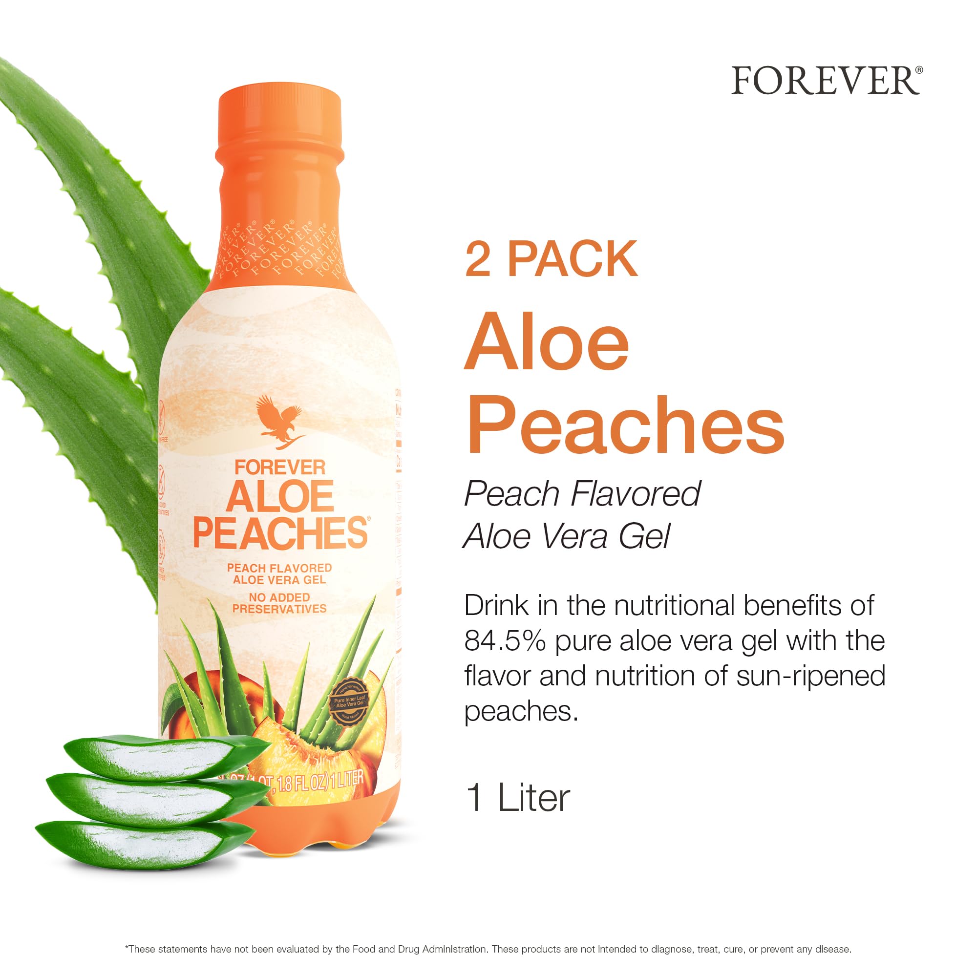 Forever Living - Aloe Peaches - Pure Aloe with Real Peach Flavor - Supports Digestion and Immunity - Vegan and Gluten-Free - 33.8 fl oz (2-Pack)