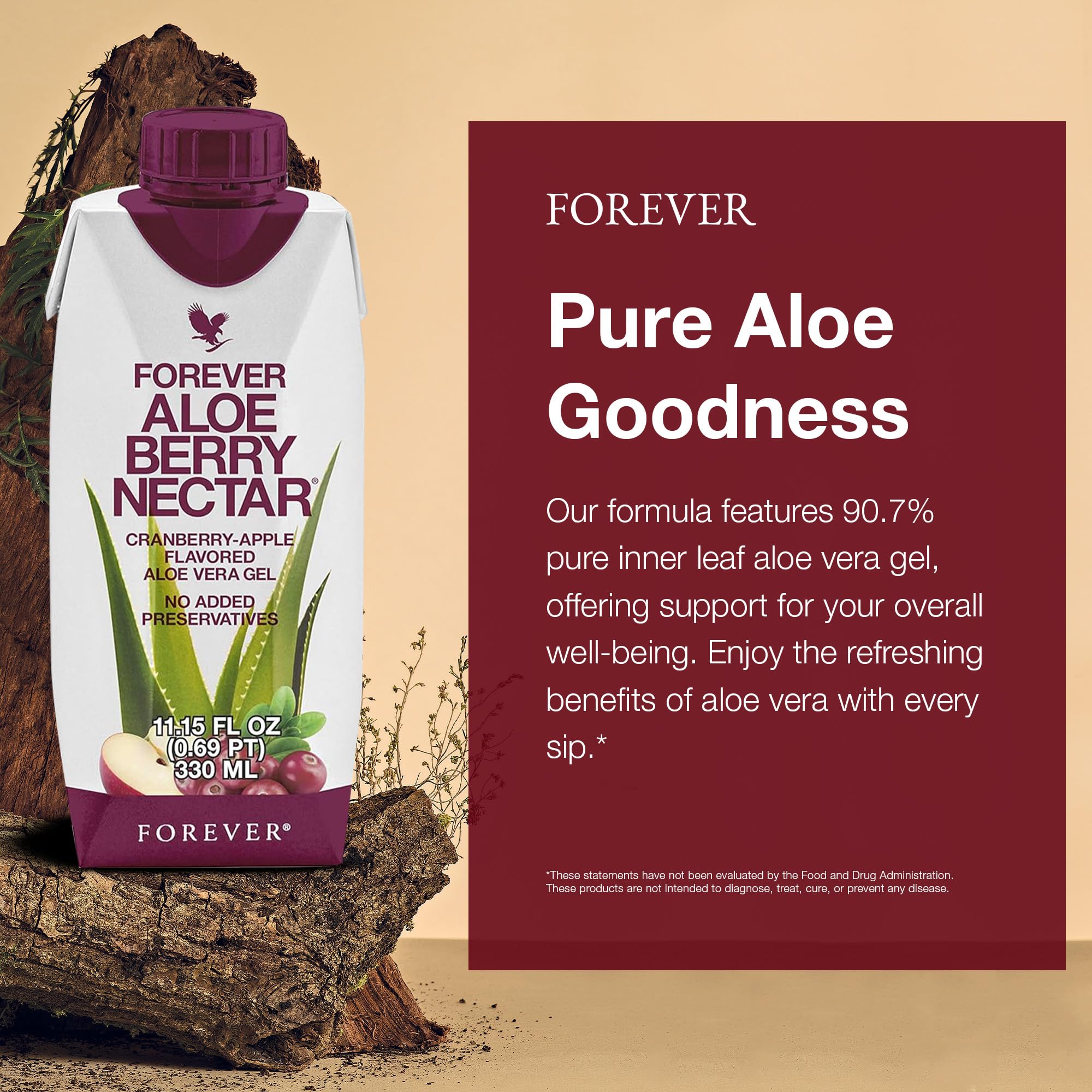 Forever Living Aloe Berry Nectar – 90.7% Pure Aloe Vera + Cranberries & Apples | No Preservatives | 330 ml (Pack of 6)