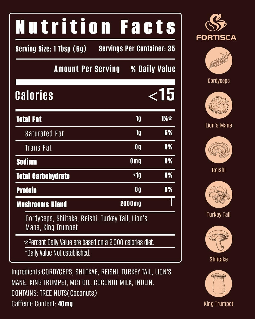 FORTISCA Mushroom Coffee (7.41oz / 210g) – 6-in-1 Instant Coffee with Lion's Mane, Cordyceps, Reishi, Shiitake, Turkey Tail & King Trumpet for Energy, Focus & Immune Support