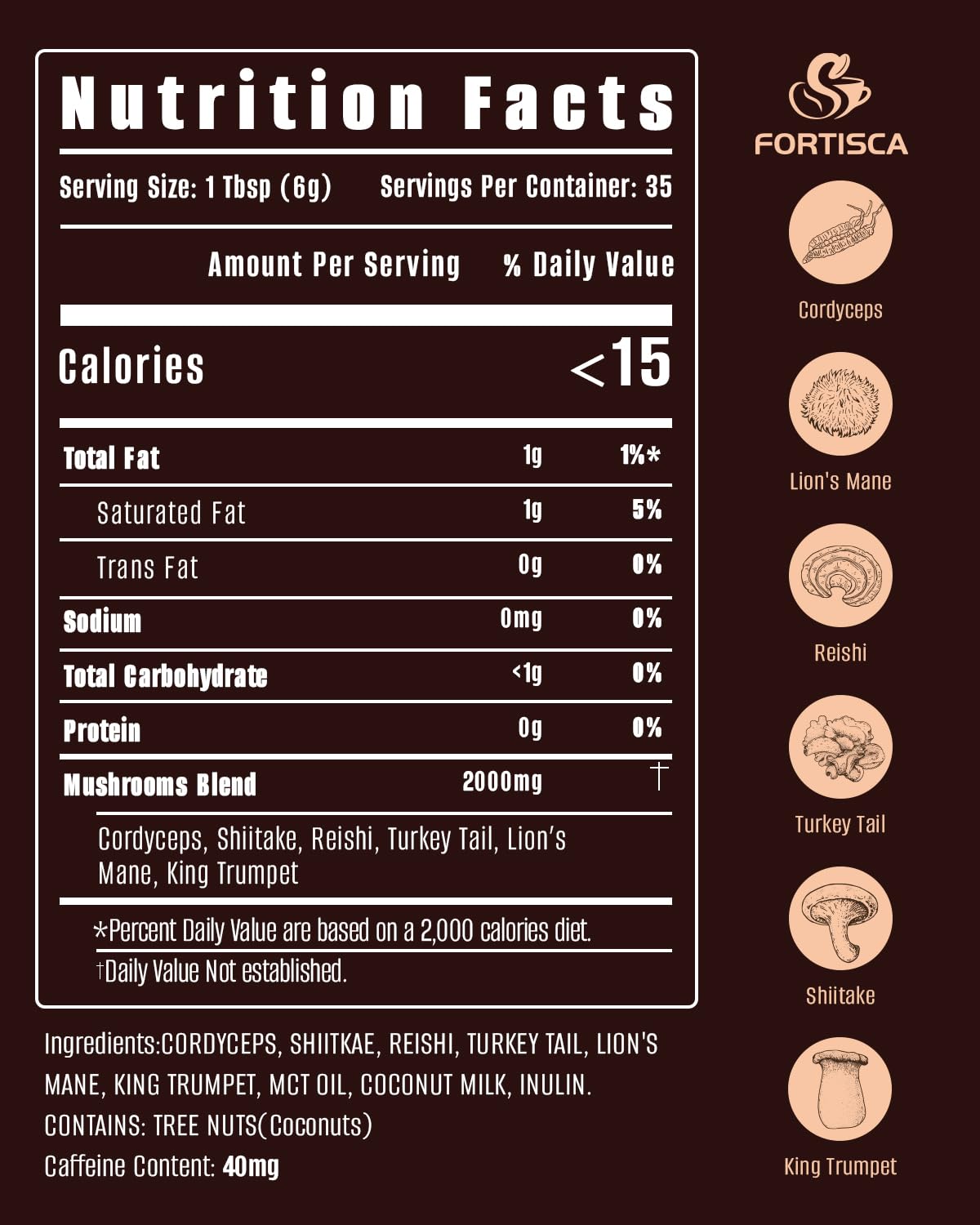 FORTISCA Mushroom Coffee (7.41oz / 210g) – 6-in-1 Instant Coffee with Lion's Mane, Cordyceps, Reishi, Shiitake, Turkey Tail & King Trumpet for Energy, Focus & Immune Support
