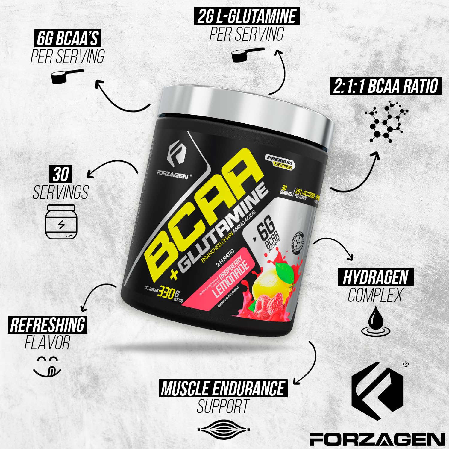 Forzagen BCAAs Amino Acids Powder with Glutamine – BCAA Supplements for Lean Energy, Pre & Post Workout Recovery | 30 Servings